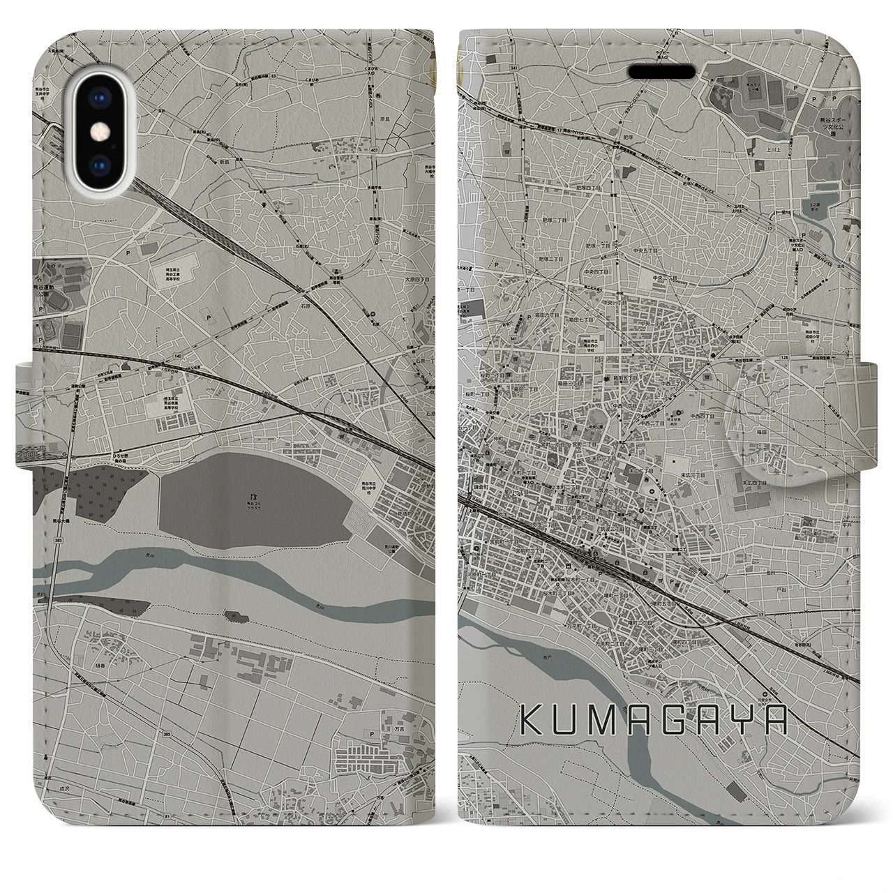 【熊谷(埼玉県)】地図柄iPhoneケース(手帳タイプ)モノトーン・iPhone XS Max 用