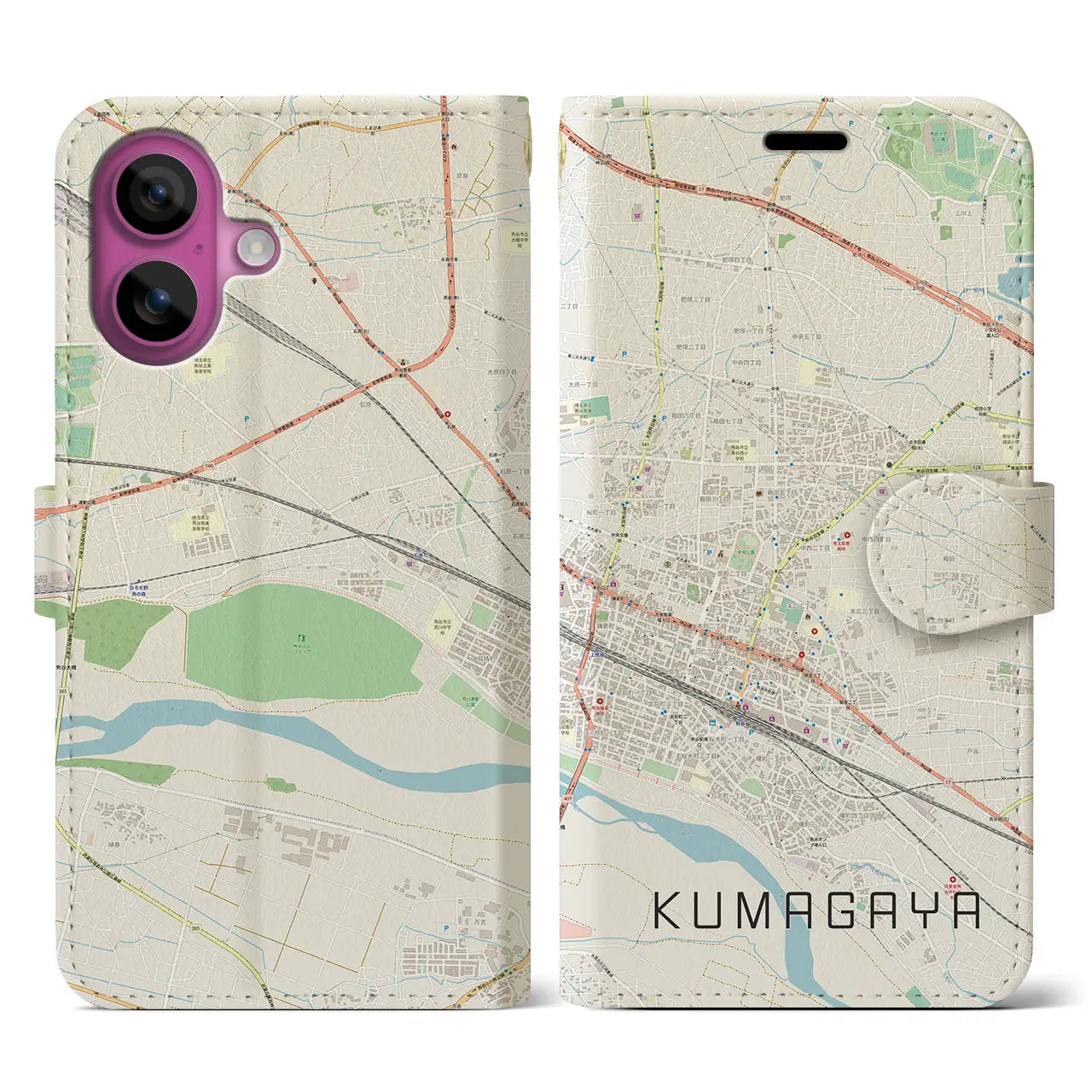 【熊谷(埼玉県)】地図柄iPhoneケース(手帳タイプ)ナチュラル・iPhone 16 Pro 用