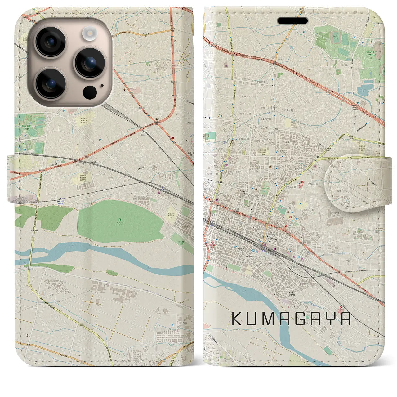 【熊谷(埼玉県)】地図柄iPhoneケース(手帳タイプ)ナチュラル・iPhone 16 Plus 用