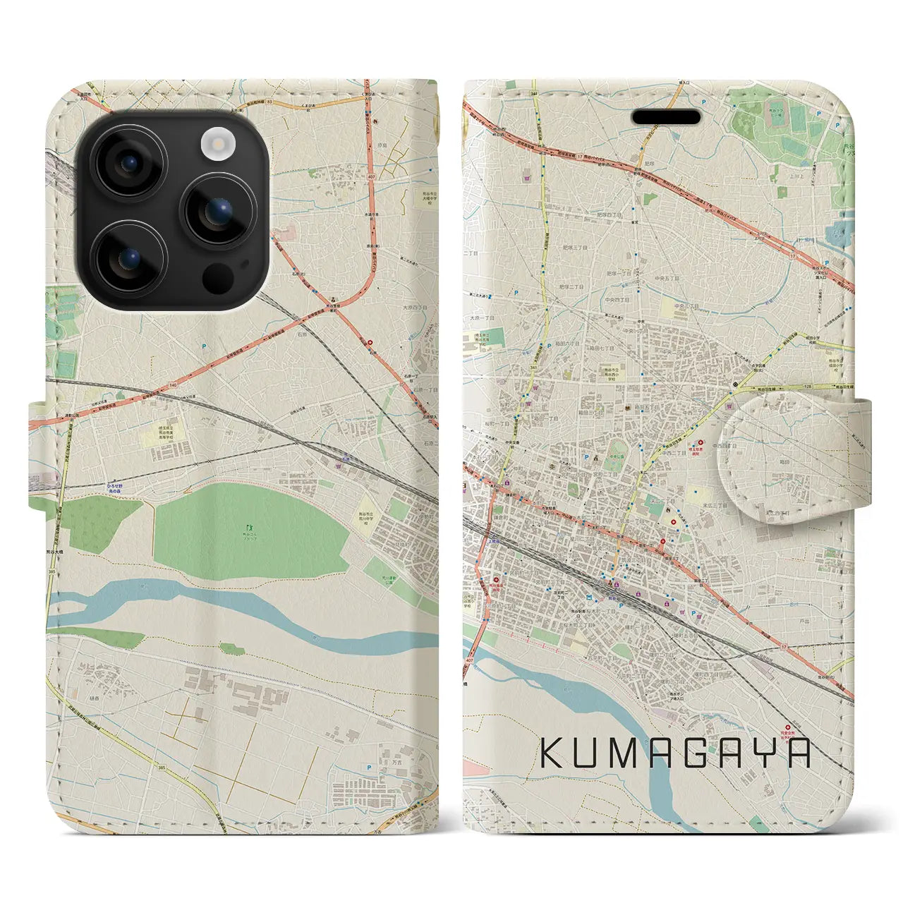 【熊谷(埼玉県)】地図柄iPhoneケース(手帳タイプ)ナチュラル・iPhone 16 用