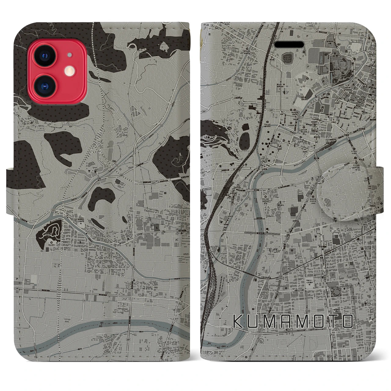【熊本(熊本県)】地図柄iPhoneケース(手帳タイプ)モノトーン・iPhone 11 用