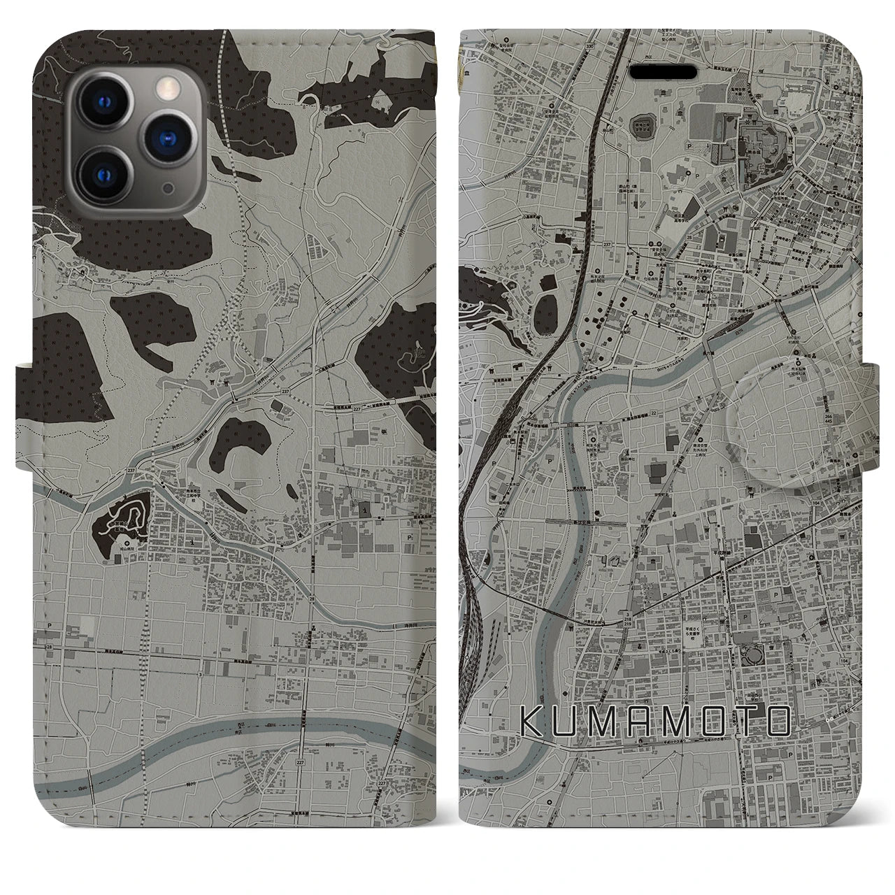 【熊本(熊本県)】地図柄iPhoneケース(手帳タイプ)モノトーン・iPhone 11 Pro Max 用