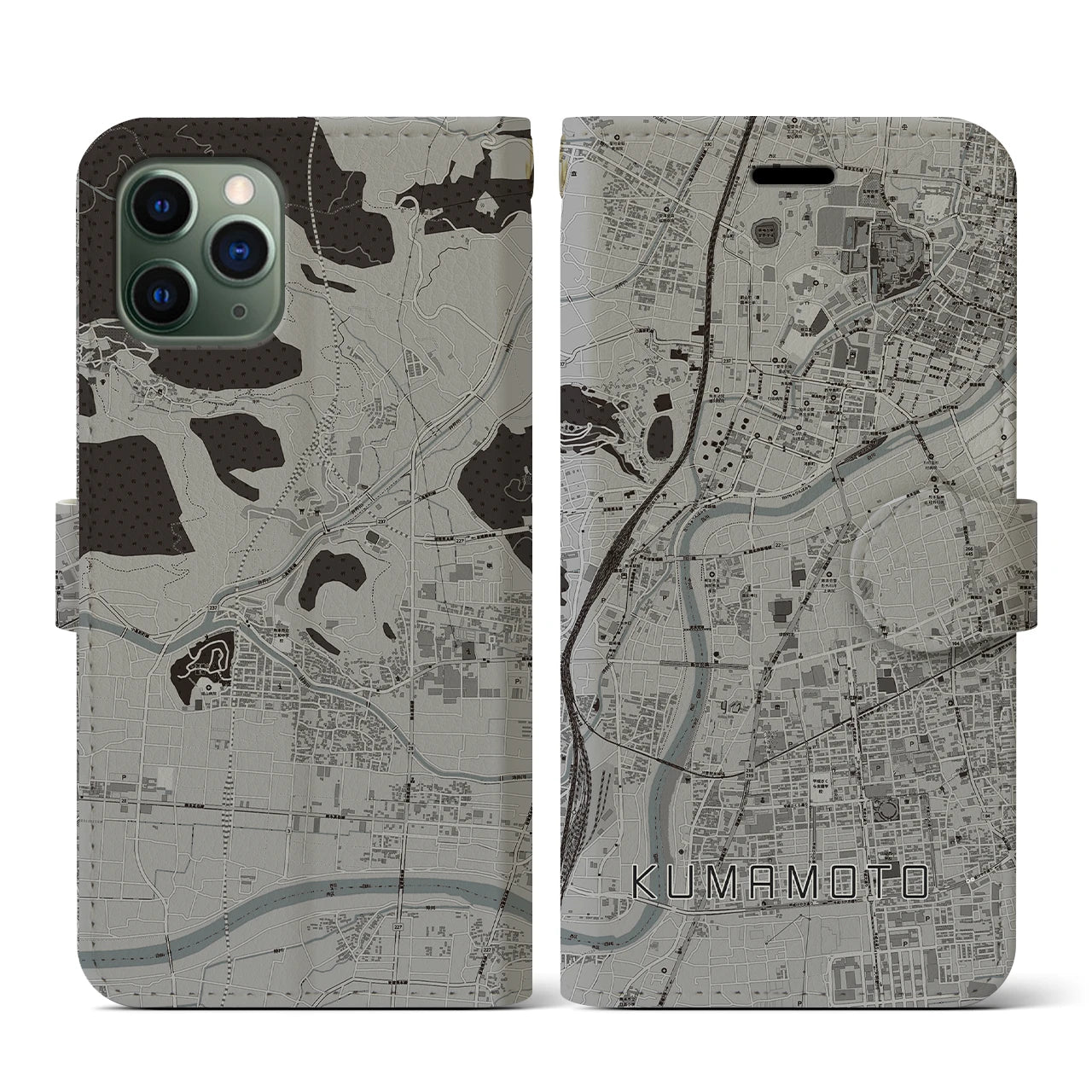 【熊本(熊本県)】地図柄iPhoneケース(手帳タイプ)モノトーン・iPhone 11 Pro 用