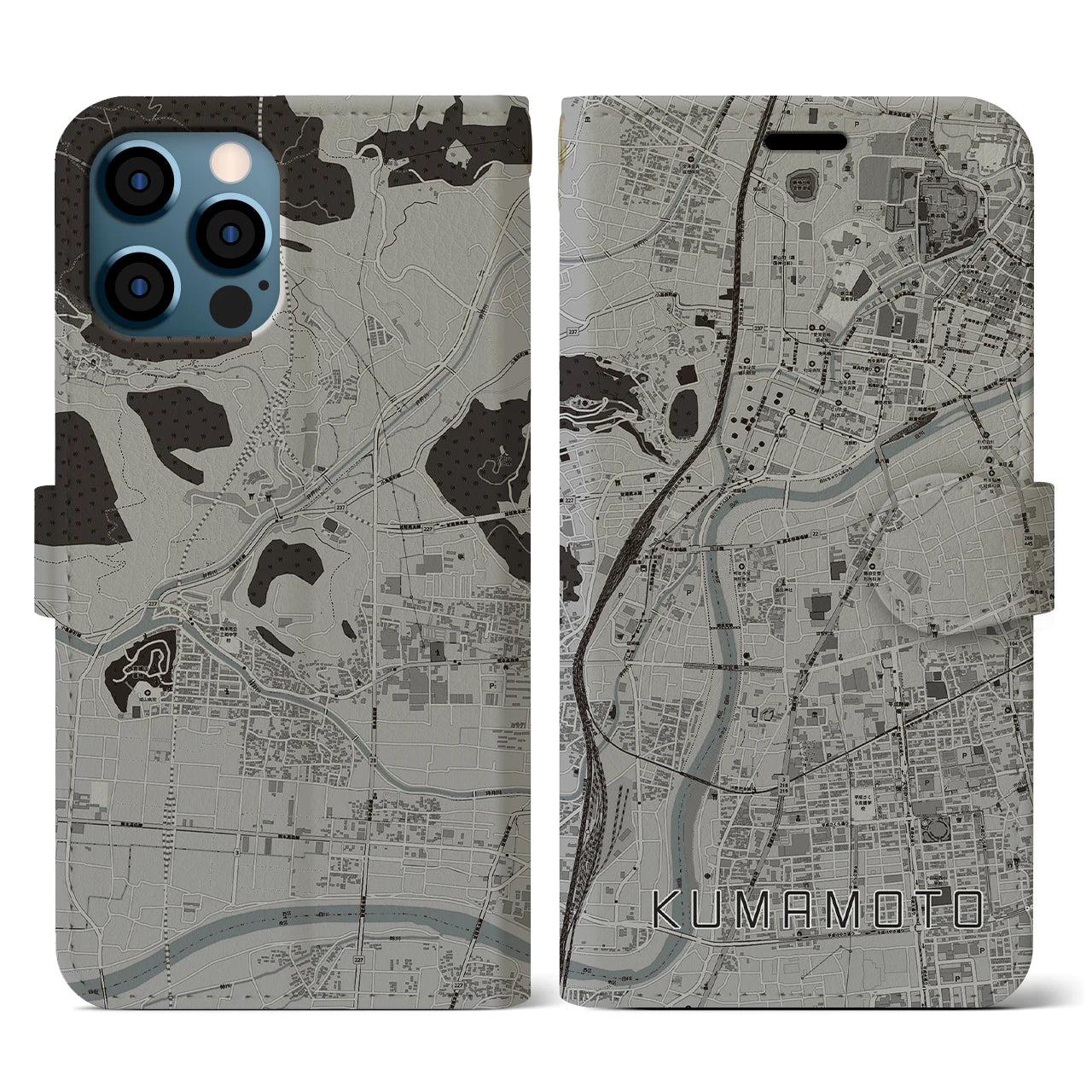 【熊本(熊本県)】地図柄iPhoneケース(手帳タイプ)モノトーン・iPhone 12 / 12 Pro 用
