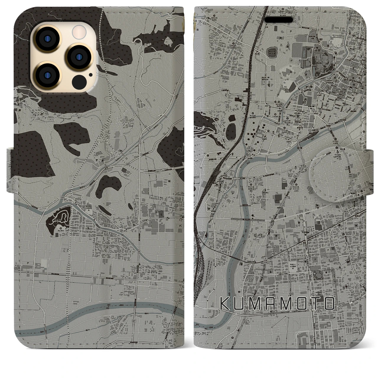【熊本(熊本県)】地図柄iPhoneケース(手帳タイプ)モノトーン・iPhone 12 Pro Max 用