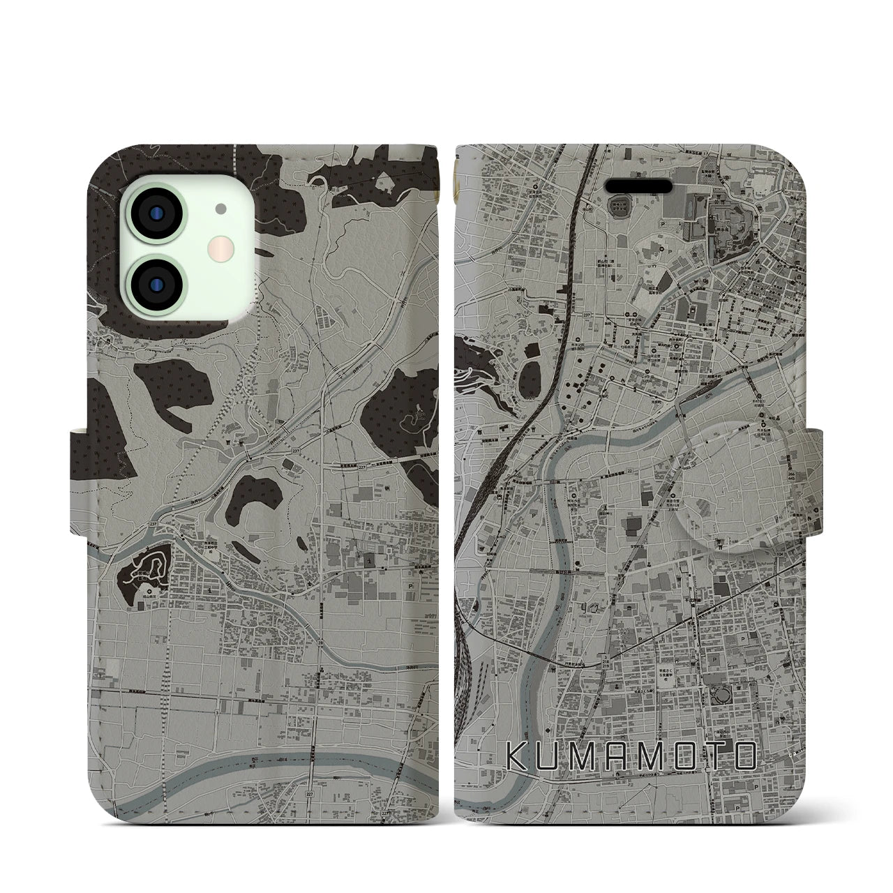 【熊本(熊本県)】地図柄iPhoneケース(手帳タイプ)モノトーン・iPhone 12 mini 用