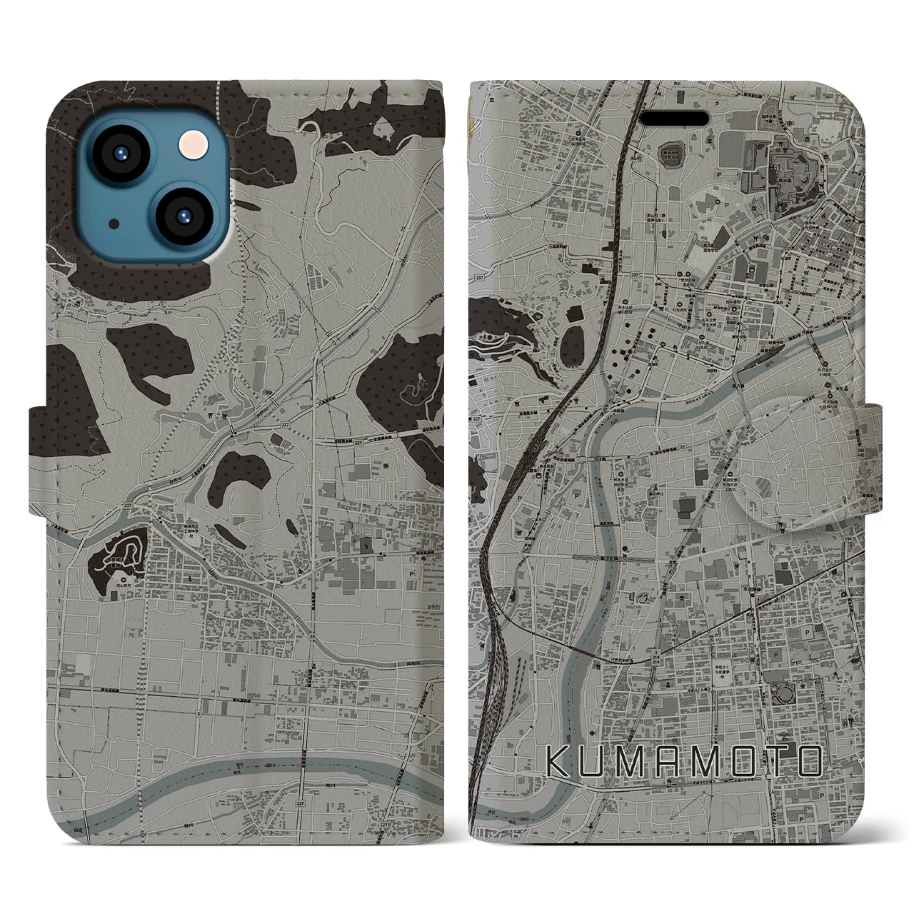 【熊本(熊本県)】地図柄iPhoneケース(手帳タイプ)モノトーン・iPhone 13 用