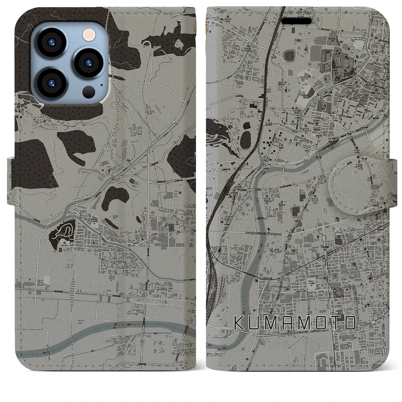 【熊本(熊本県)】地図柄iPhoneケース(手帳タイプ)モノトーン・iPhone 13 Pro Max 用
