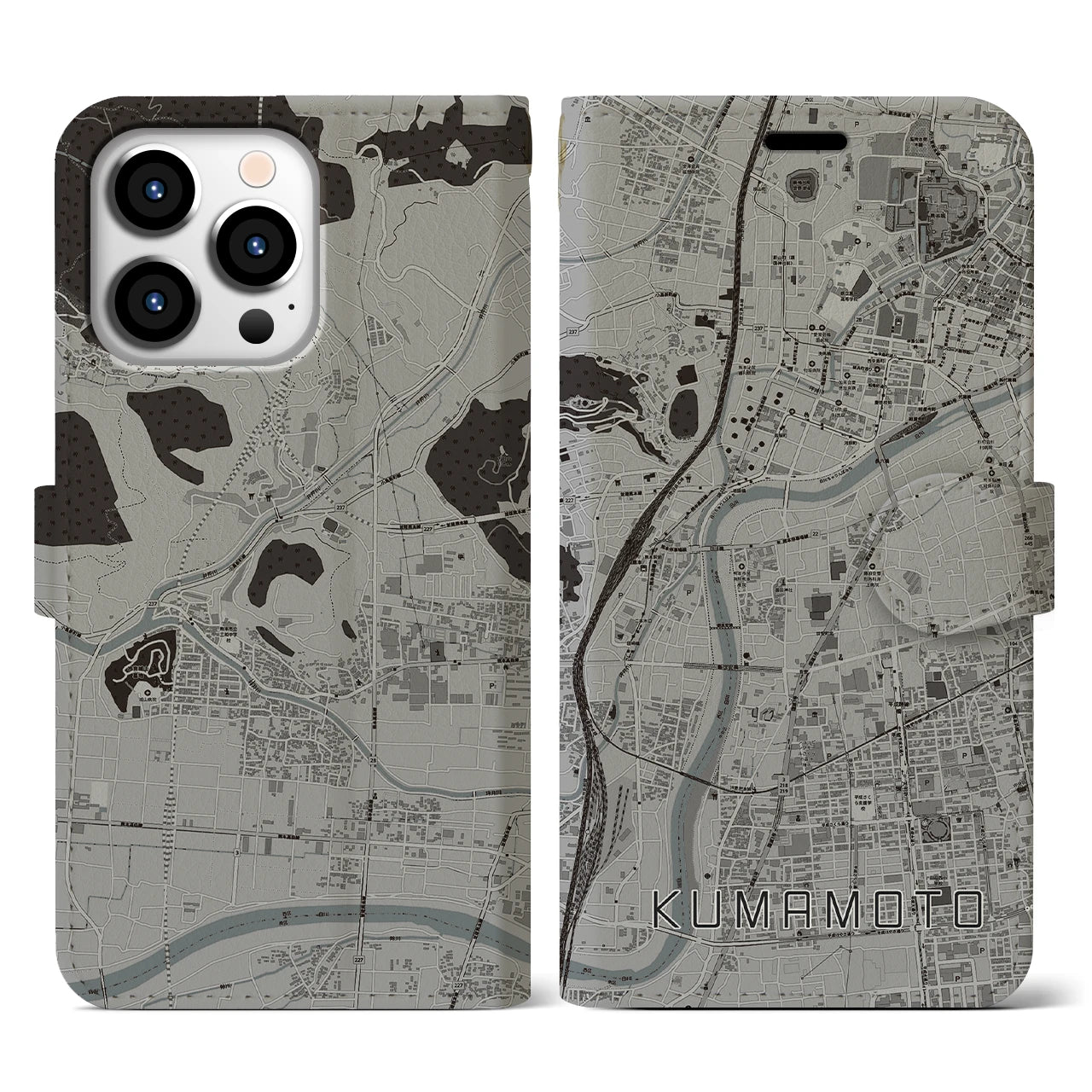 【熊本(熊本県)】地図柄iPhoneケース(手帳タイプ)モノトーン・iPhone 13 Pro 用