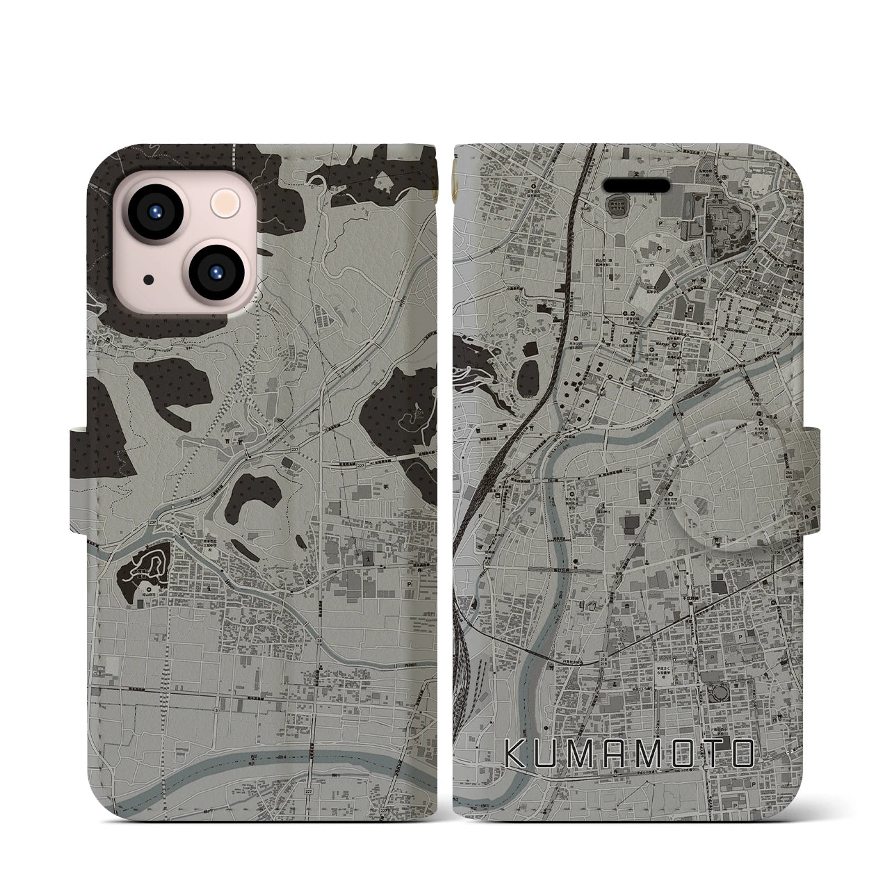 【熊本(熊本県)】地図柄iPhoneケース(手帳タイプ)モノトーン・iPhone 13 mini 用