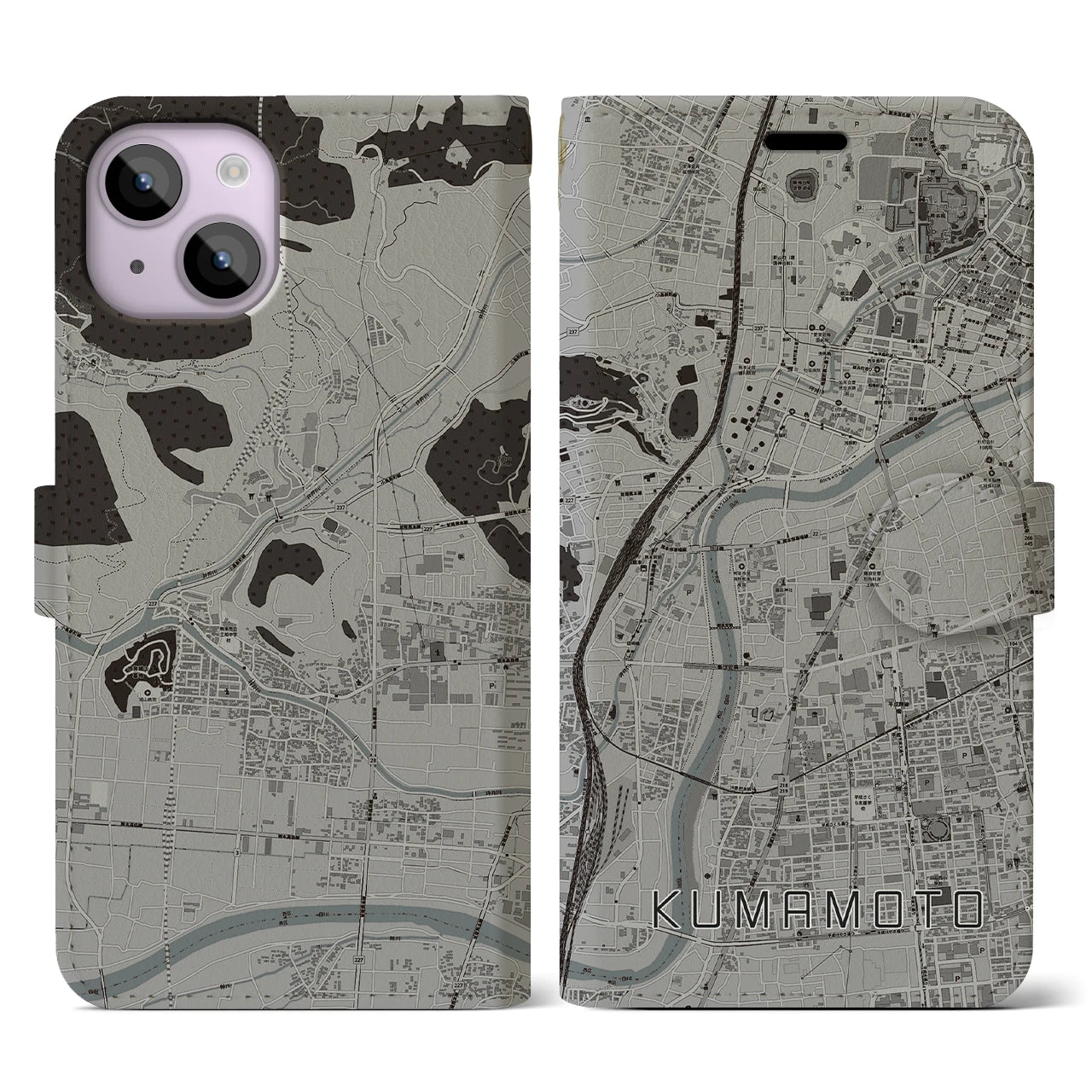 【熊本(熊本県)】地図柄iPhoneケース(手帳タイプ)モノトーン・iPhone 14 用