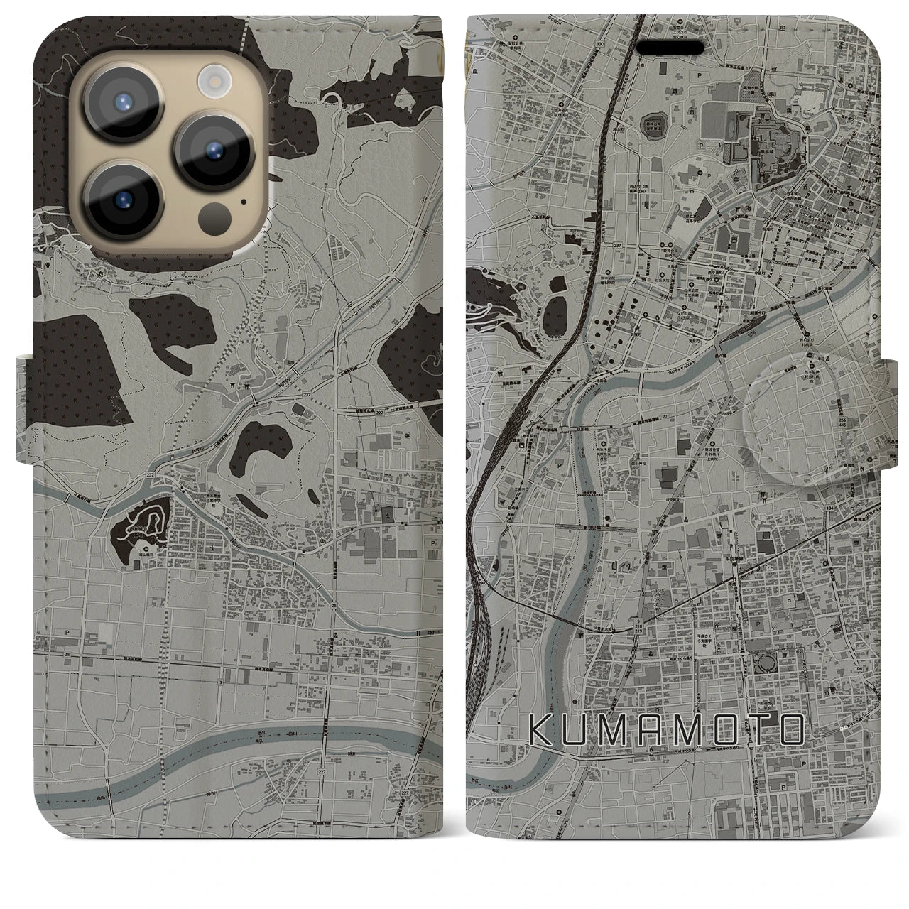 【熊本(熊本県)】地図柄iPhoneケース(手帳タイプ)モノトーン・iPhone 14 Pro Max 用