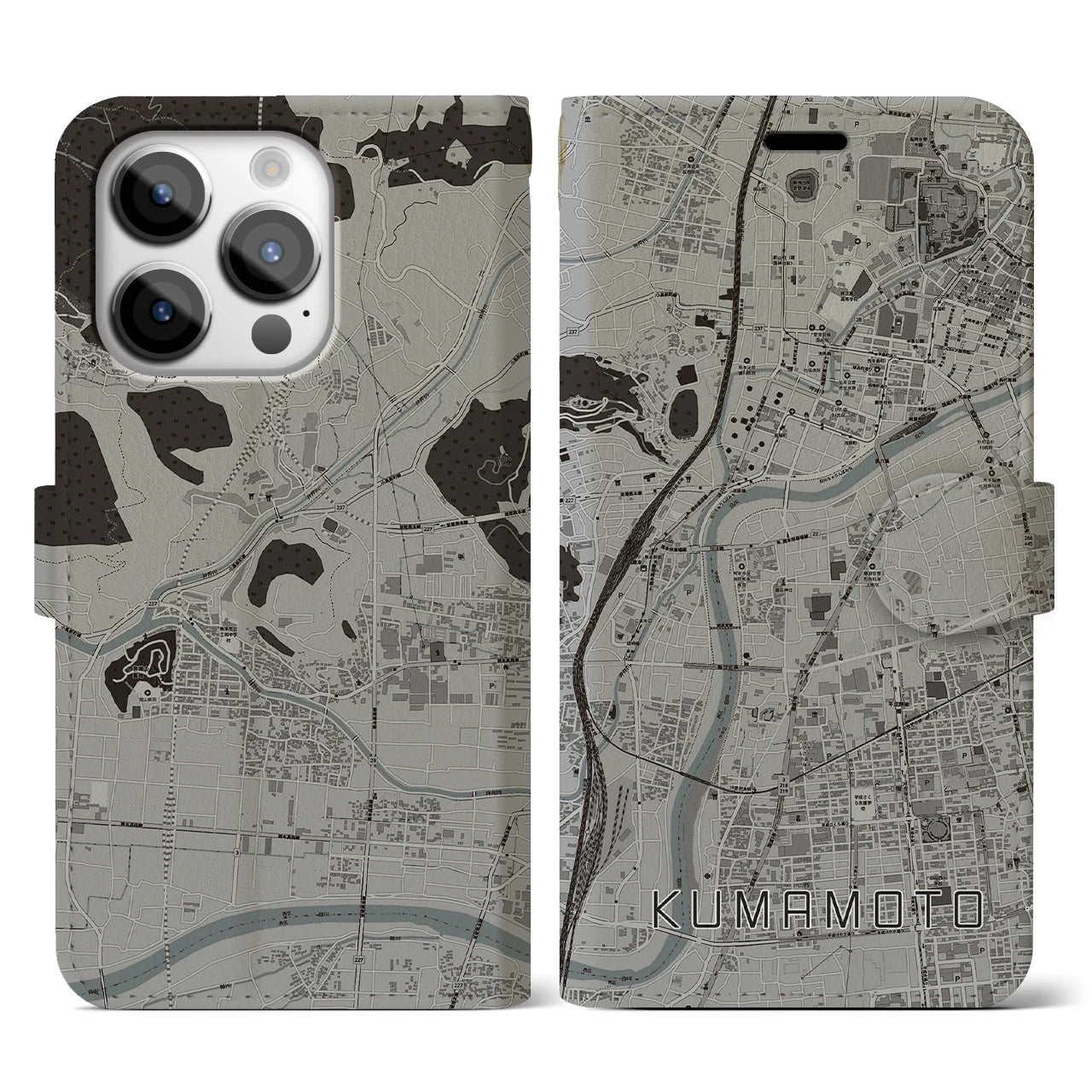 【熊本(熊本県)】地図柄iPhoneケース(手帳タイプ)モノトーン・iPhone 14 Pro 用
