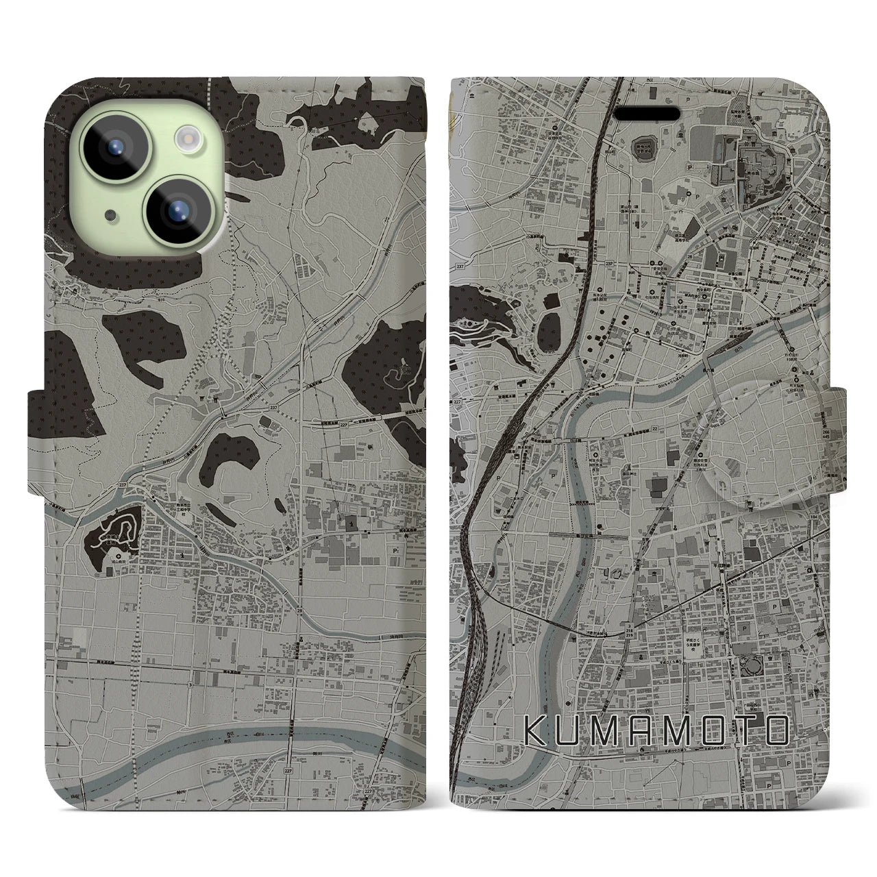【熊本(熊本県)】地図柄iPhoneケース(手帳タイプ)モノトーン・iPhone 15 用