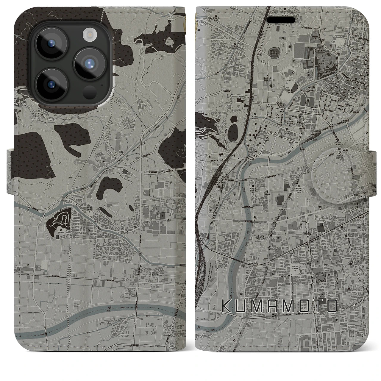 【熊本(熊本県)】地図柄iPhoneケース(手帳タイプ)モノトーン・iPhone 15 Pro Max 用