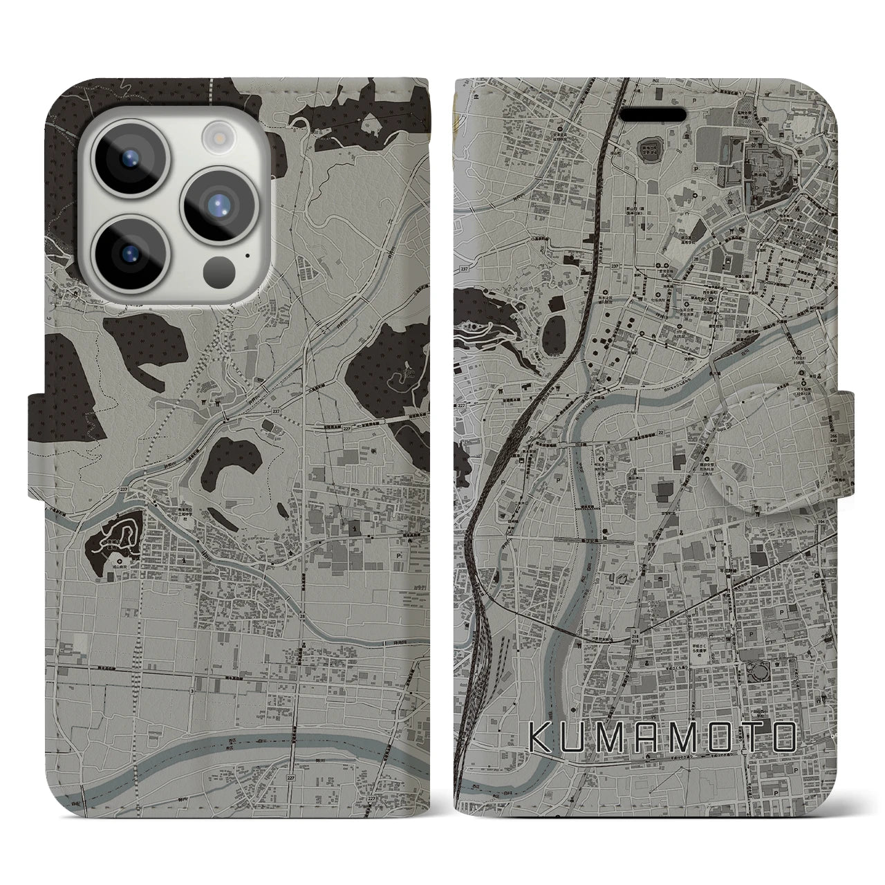 【熊本(熊本県)】地図柄iPhoneケース(手帳タイプ)モノトーン・iPhone 15 Pro 用