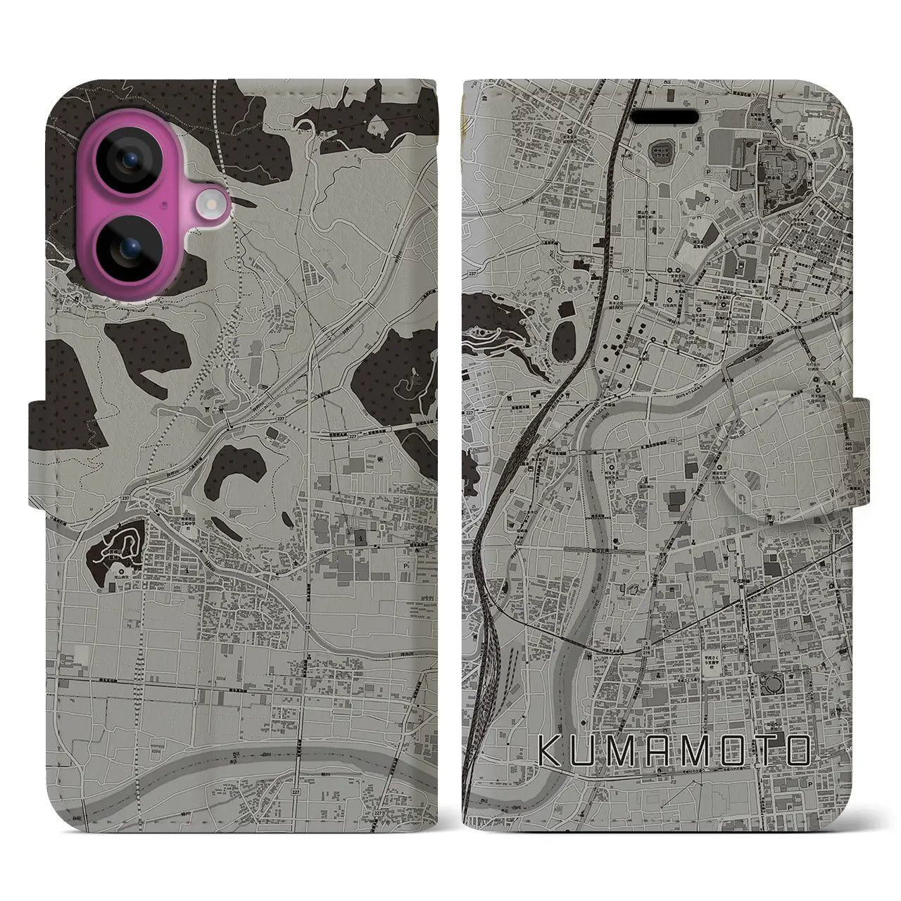 【熊本(熊本県)】地図柄iPhoneケース(手帳タイプ)モノトーン・iPhone 16 Pro 用