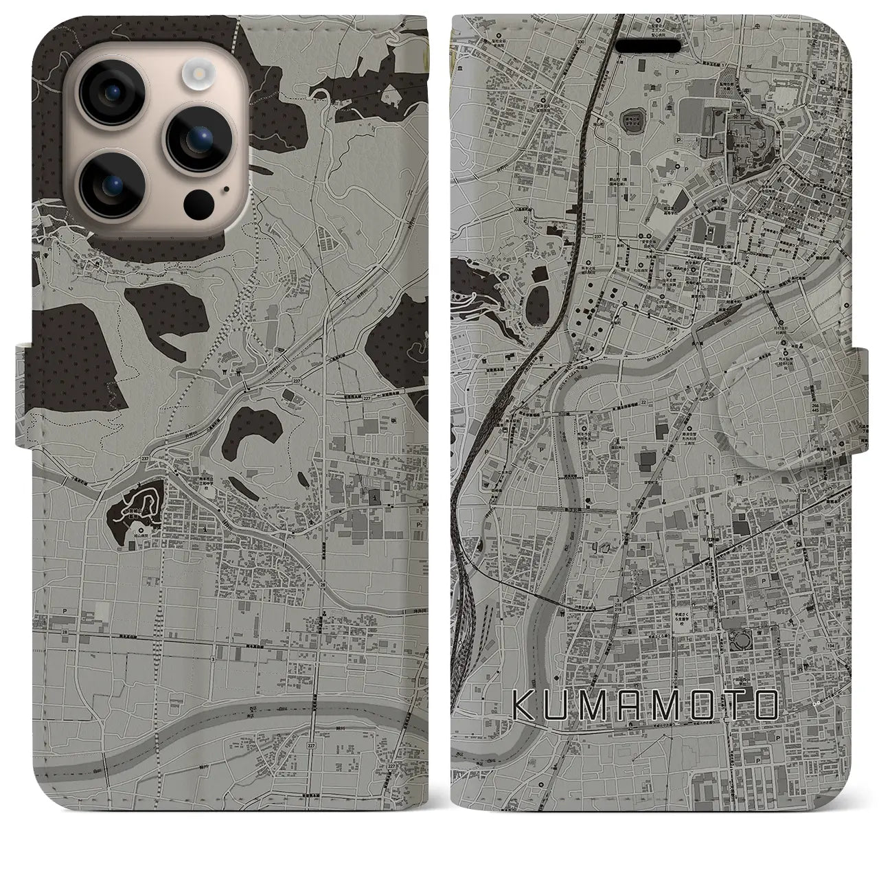 【熊本(熊本県)】地図柄iPhoneケース(手帳タイプ)モノトーン・iPhone 16 Plus 用