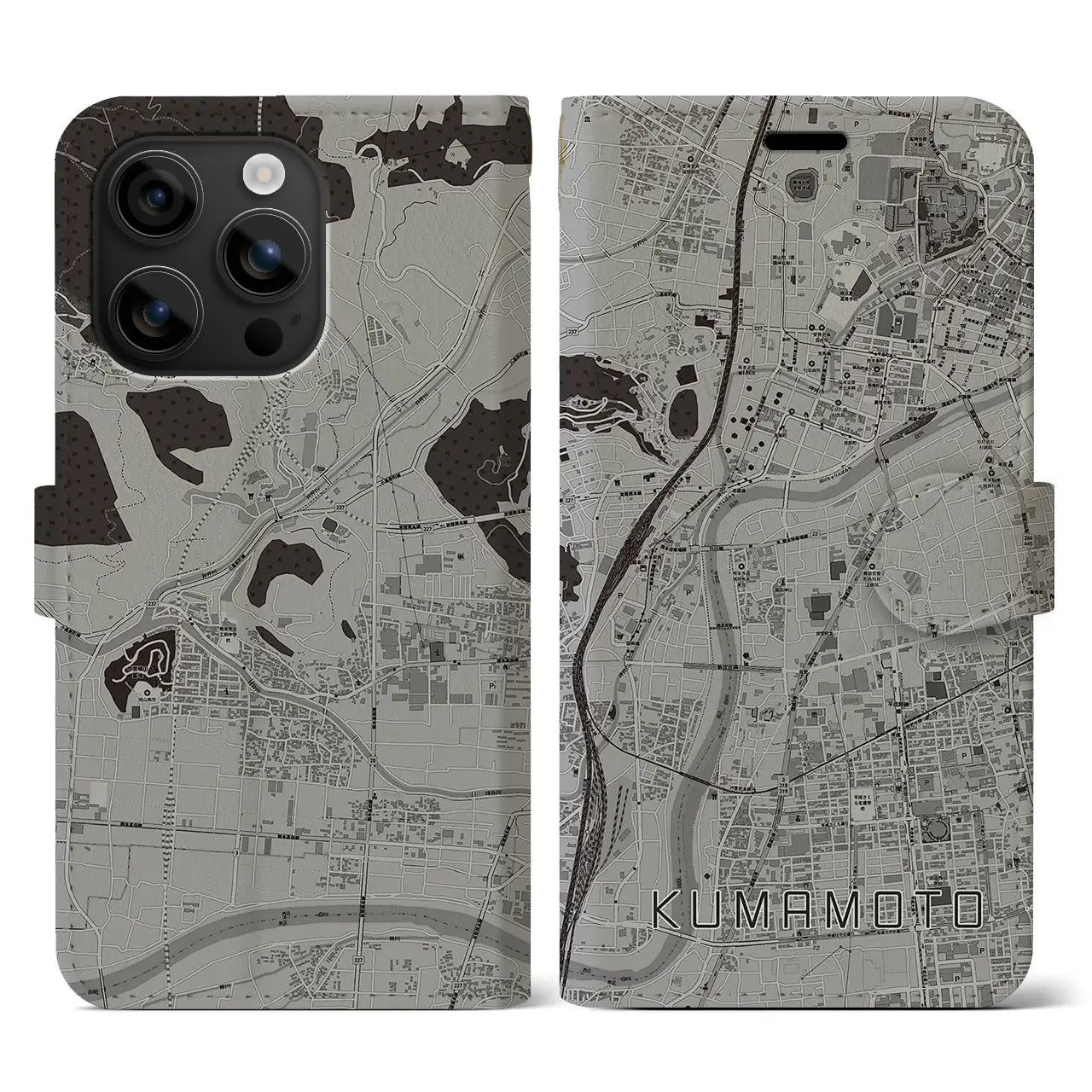 【熊本(熊本県)】地図柄iPhoneケース(手帳タイプ)モノトーン・iPhone 16 用