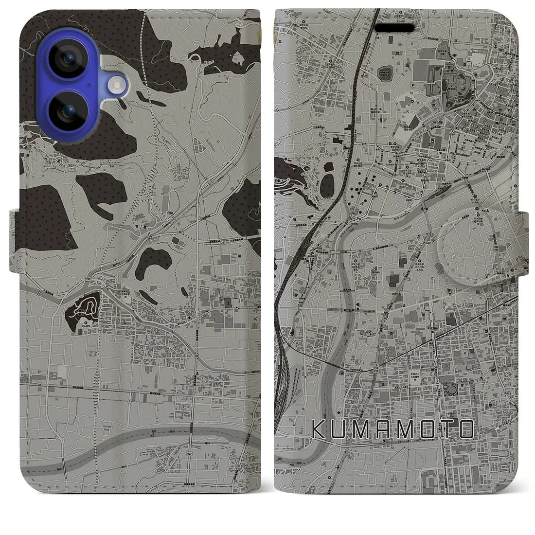 【熊本(熊本県)】地図柄iPhoneケース(手帳タイプ)モノトーン・iPhone 16 Pro Max 用