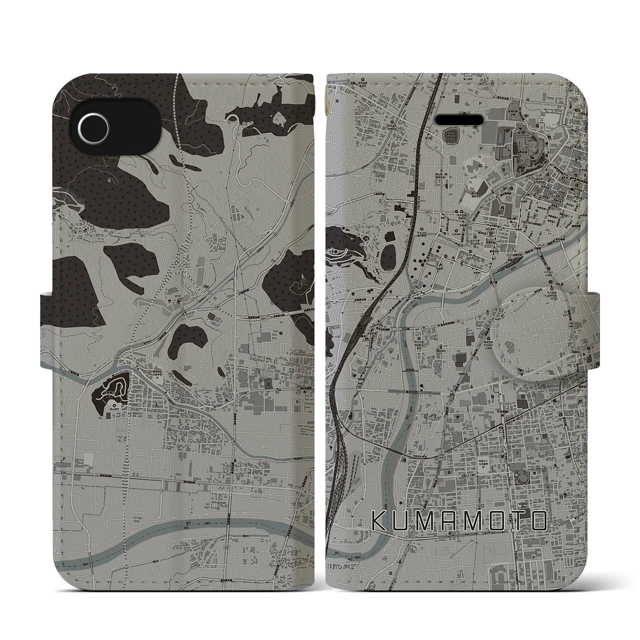 【熊本(熊本県)】地図柄iPhoneケース(手帳タイプ)モノトーン・iPhone SE(第3 / 第2世代) / 8 / 7 / 6s / 6 用