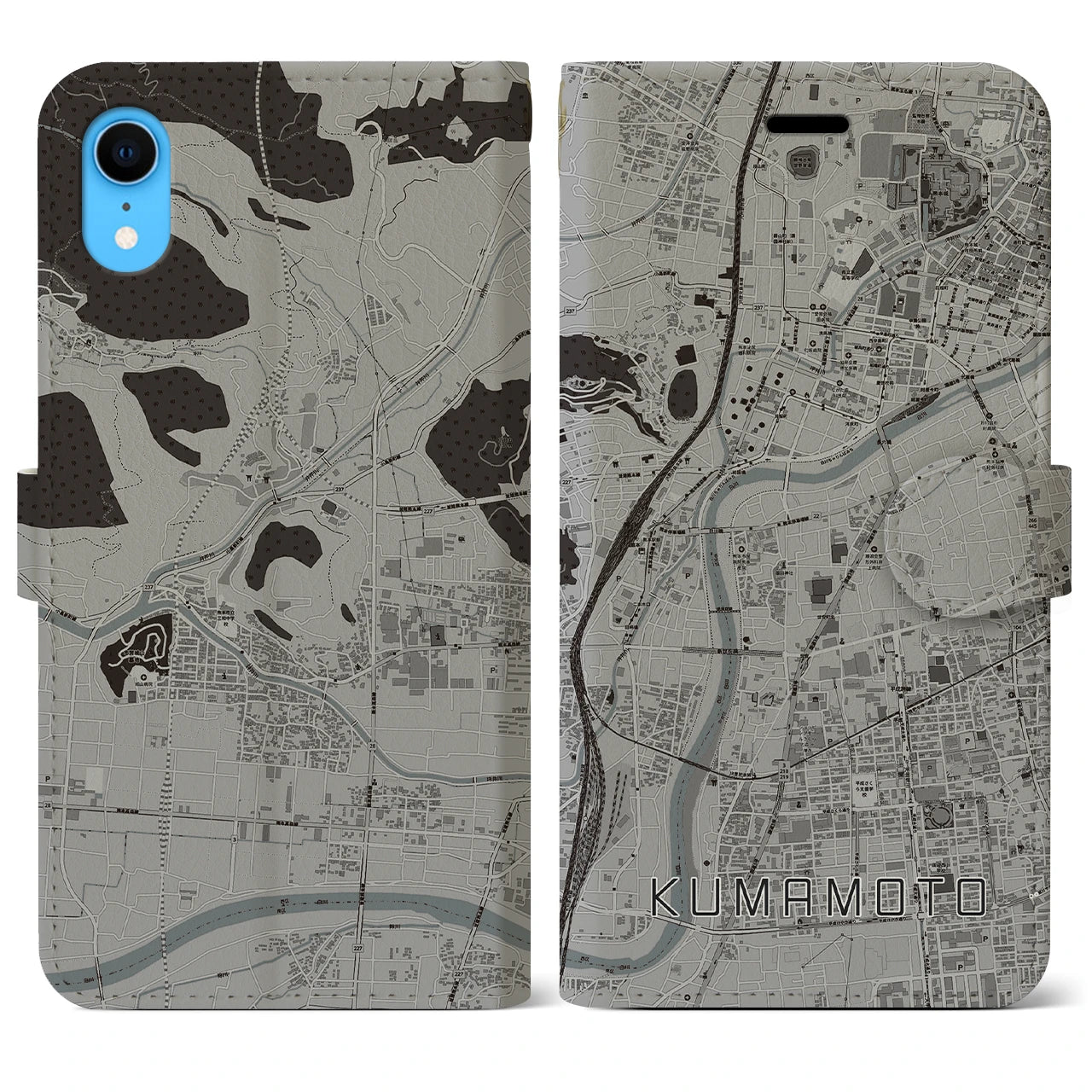 【熊本(熊本県)】地図柄iPhoneケース(手帳タイプ)モノトーン・iPhone XR 用