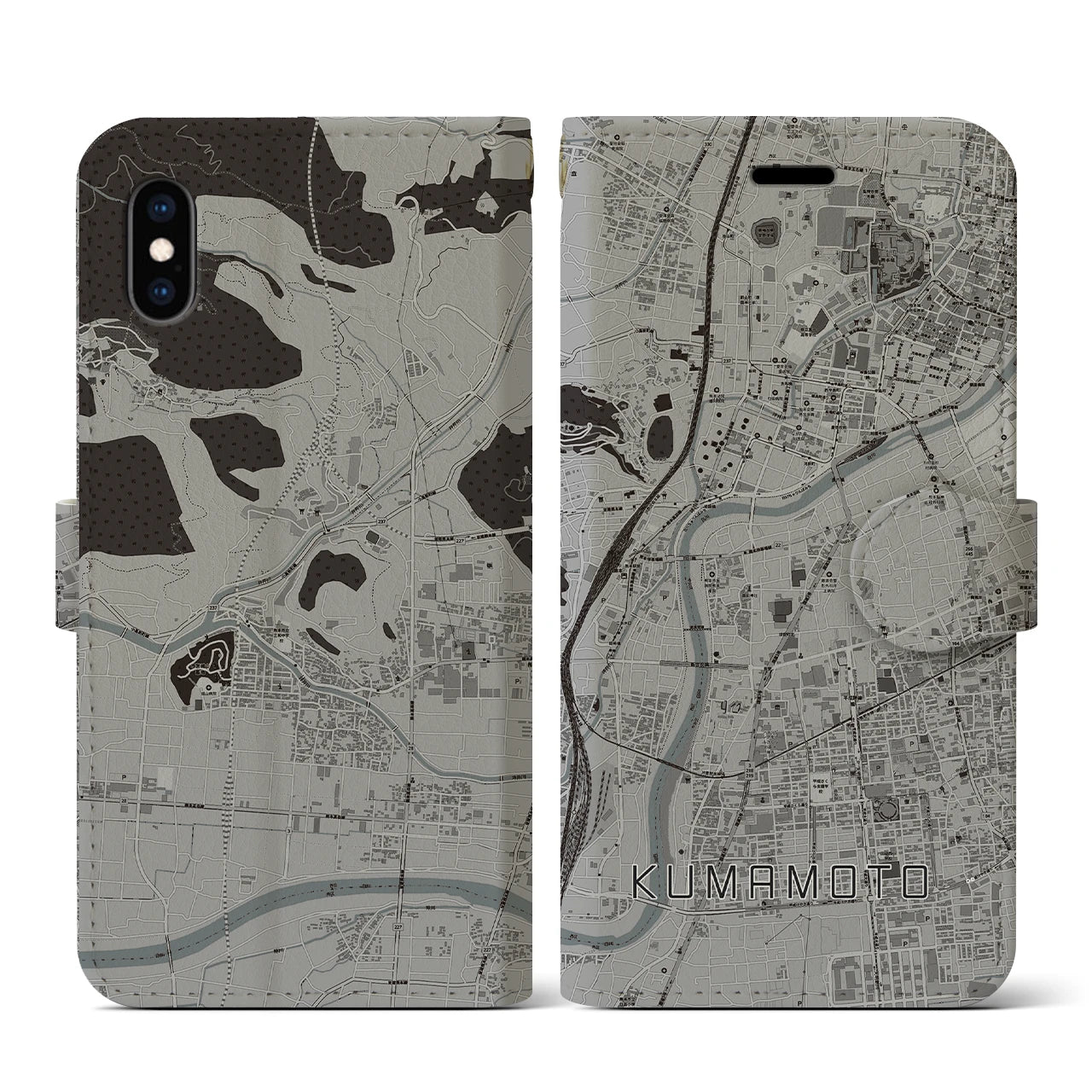 【熊本(熊本県)】地図柄iPhoneケース(手帳タイプ)モノトーン・iPhone XS / X 用