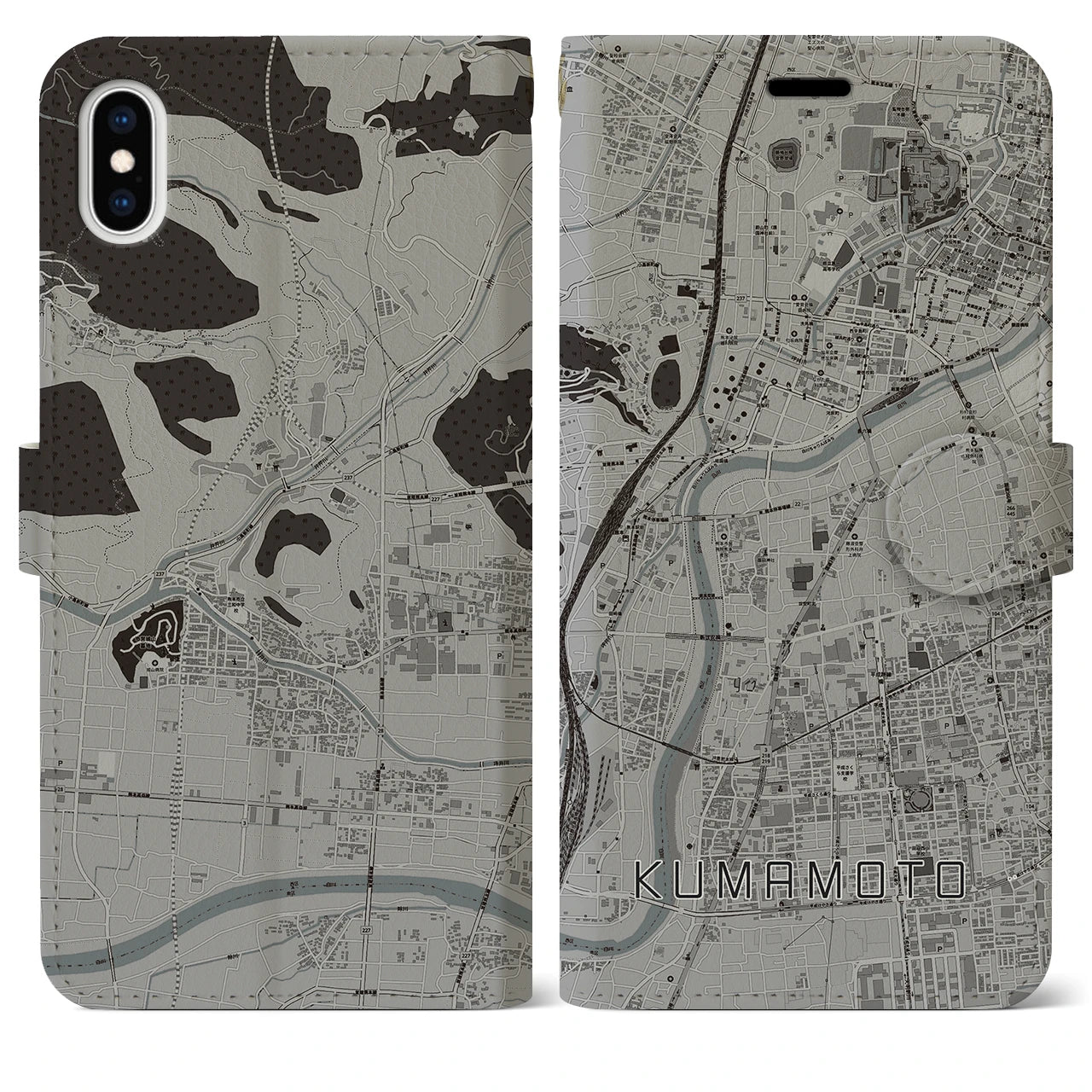 【熊本(熊本県)】地図柄iPhoneケース(手帳タイプ)モノトーン・iPhone XS Max 用