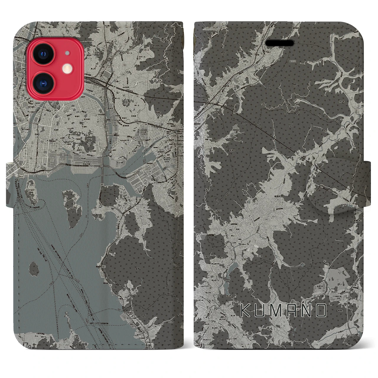 【熊野(広島県)】地図柄iPhoneケース(手帳タイプ)モノトーン・iPhone 11 用