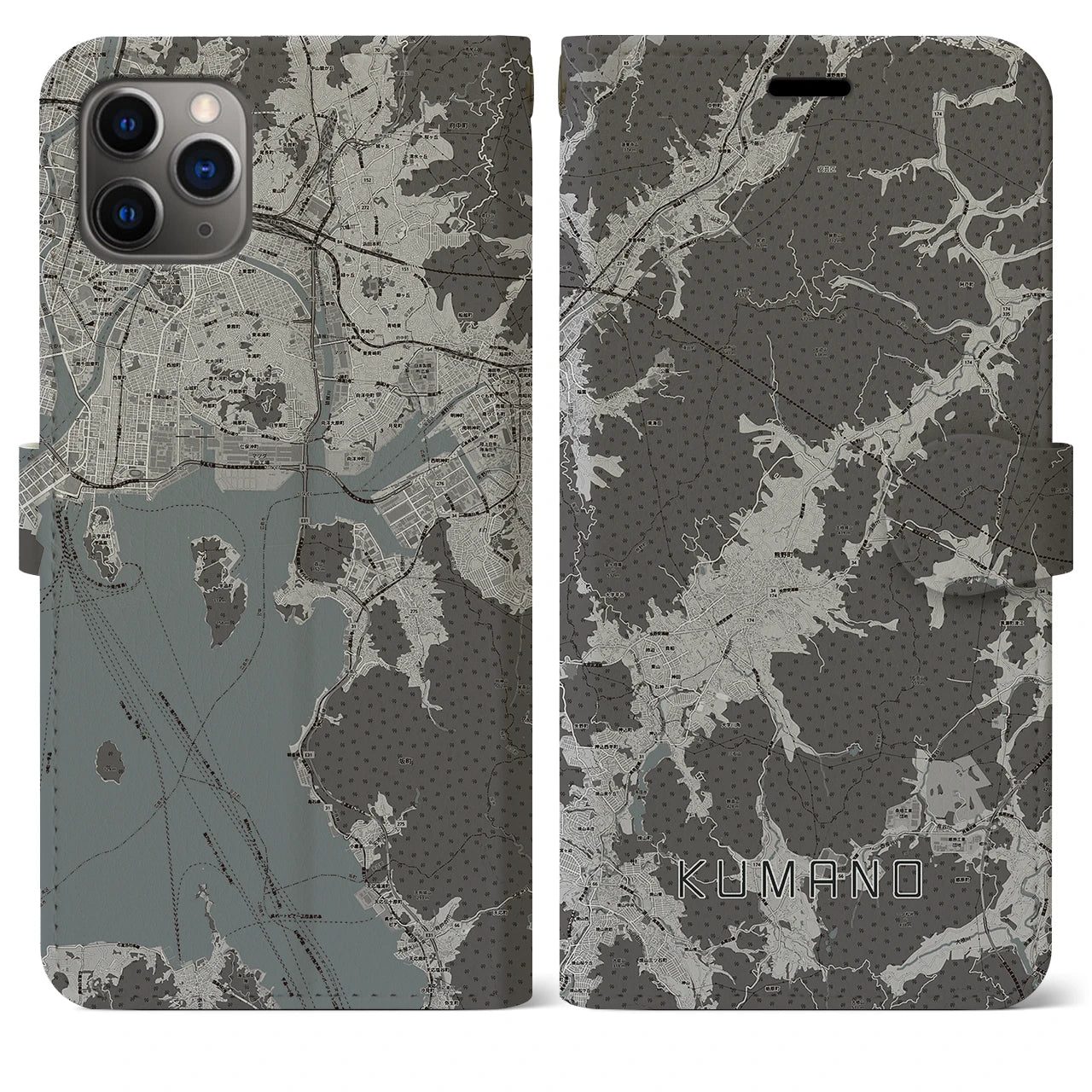 【熊野(広島県)】地図柄iPhoneケース(手帳タイプ)モノトーン・iPhone 11 Pro Max 用