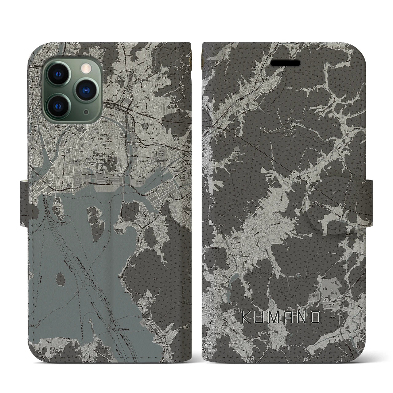 【熊野(広島県)】地図柄iPhoneケース(手帳タイプ)モノトーン・iPhone 11 Pro 用