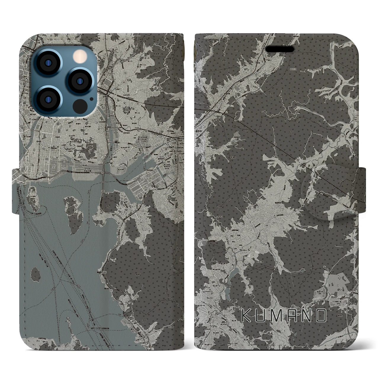 【熊野(広島県)】地図柄iPhoneケース(手帳タイプ)モノトーン・iPhone 12 / 12 Pro 用