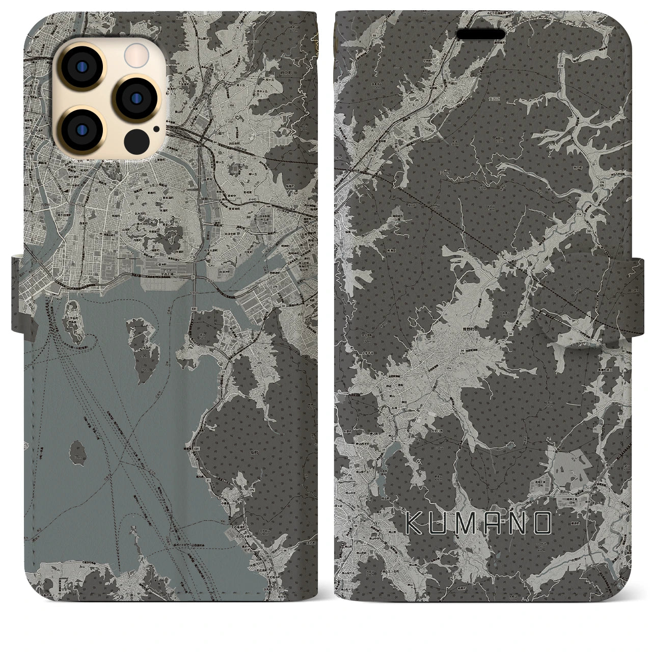 【熊野(広島県)】地図柄iPhoneケース(手帳タイプ)モノトーン・iPhone 12 Pro Max 用