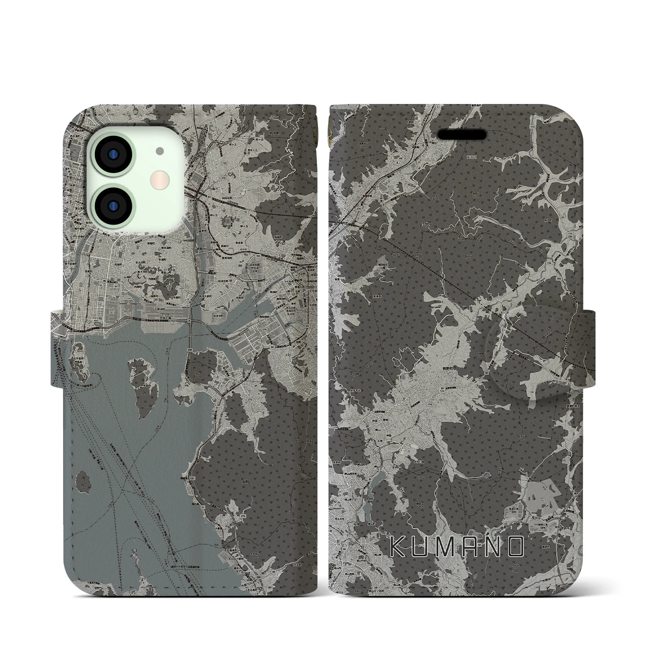 【熊野(広島県)】地図柄iPhoneケース(手帳タイプ)モノトーン・iPhone 12 mini 用