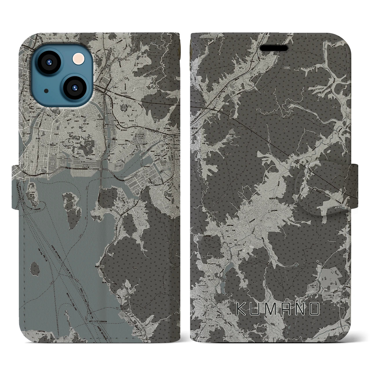 【熊野(広島県)】地図柄iPhoneケース(手帳タイプ)モノトーン・iPhone 13 用