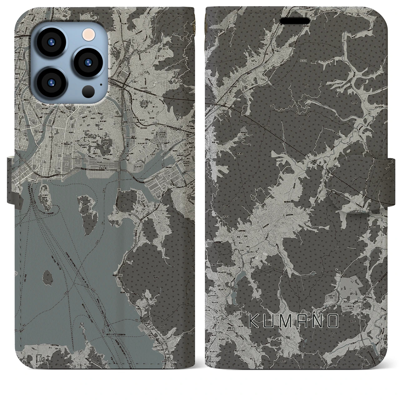 【熊野(広島県)】地図柄iPhoneケース(手帳タイプ)モノトーン・iPhone 13 Pro Max 用