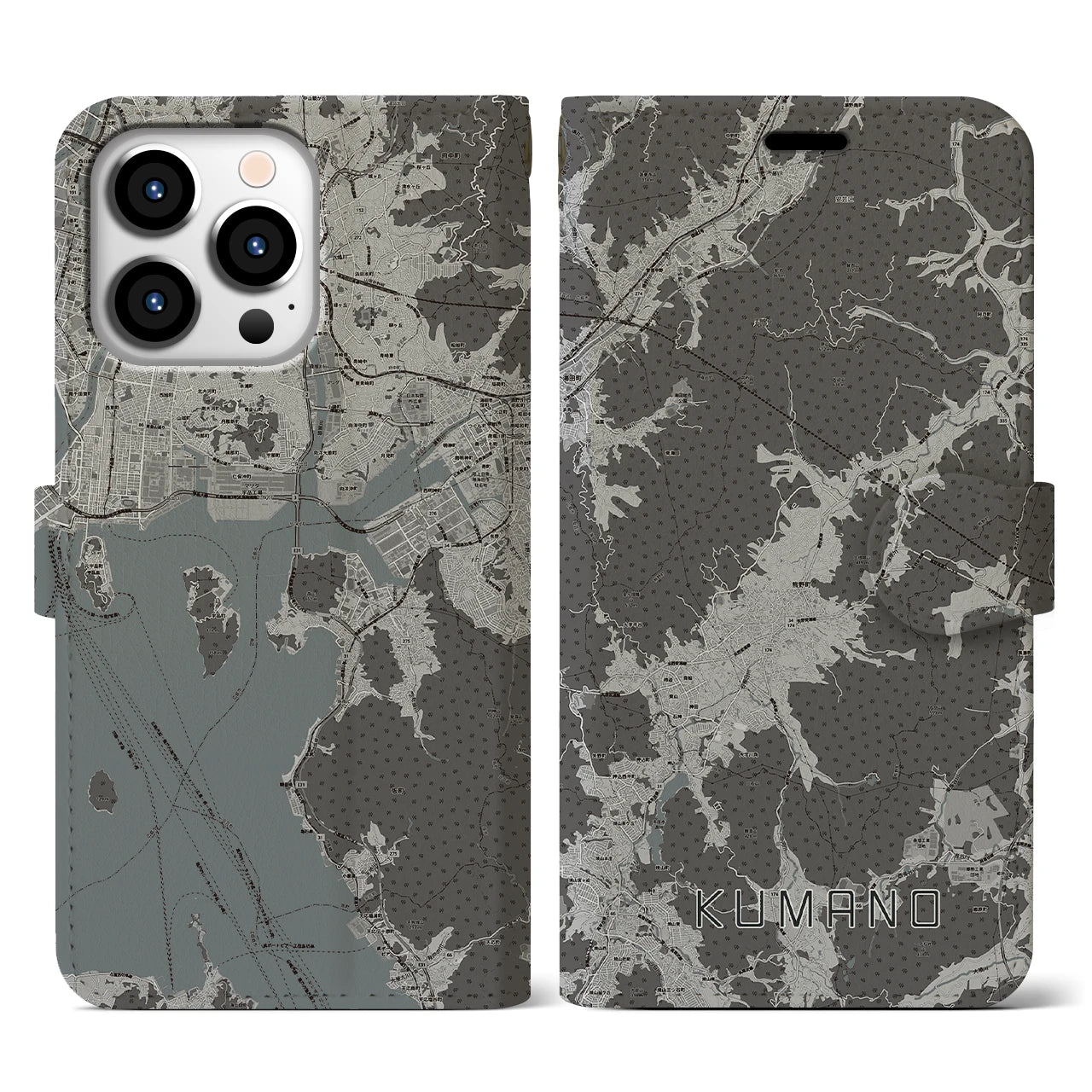 【熊野(広島県)】地図柄iPhoneケース(手帳タイプ)モノトーン・iPhone 13 Pro 用