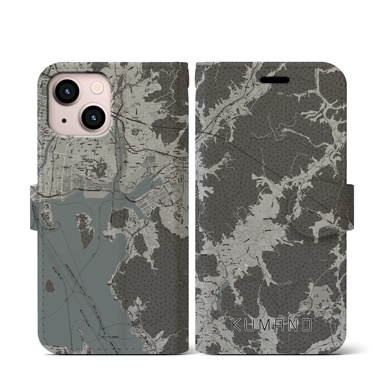 【熊野(広島県)】地図柄iPhoneケース(手帳タイプ)モノトーン・iPhone 13 mini 用