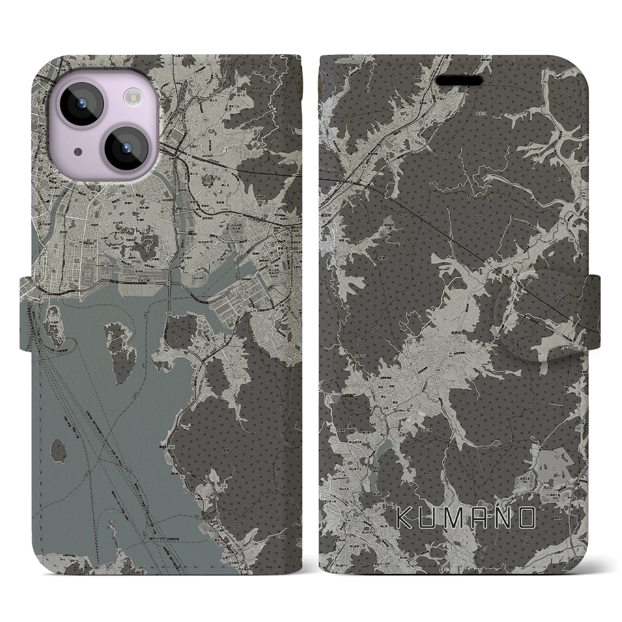 【熊野(広島県)】地図柄iPhoneケース(手帳タイプ)モノトーン・iPhone 14 用