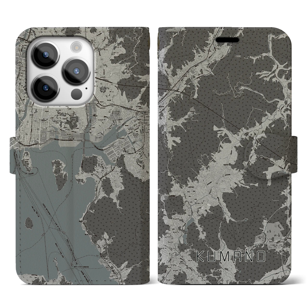 【熊野(広島県)】地図柄iPhoneケース(手帳タイプ)モノトーン・iPhone 14 Pro 用