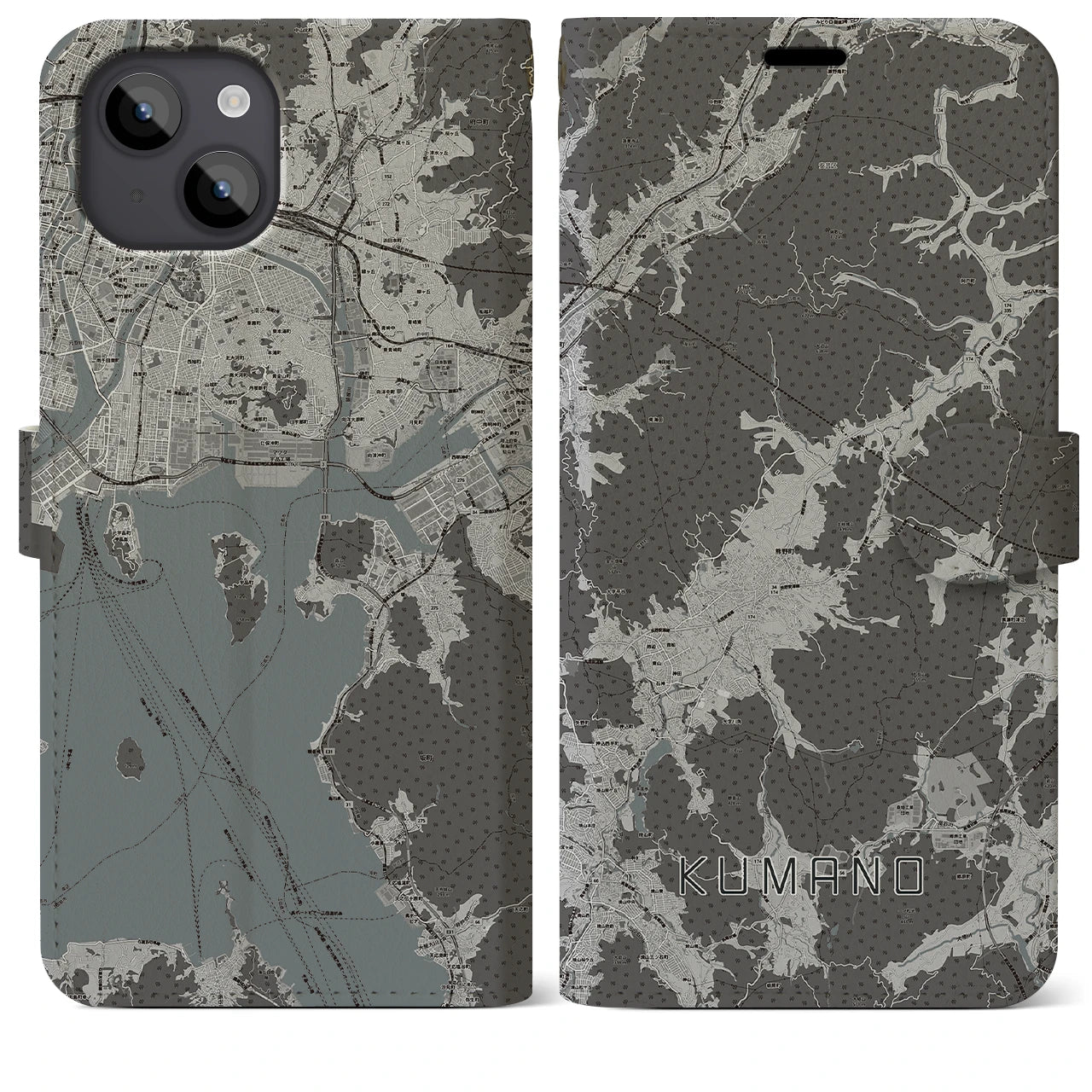 【熊野(広島県)】地図柄iPhoneケース(手帳タイプ)モノトーン・iPhone 14 Plus 用