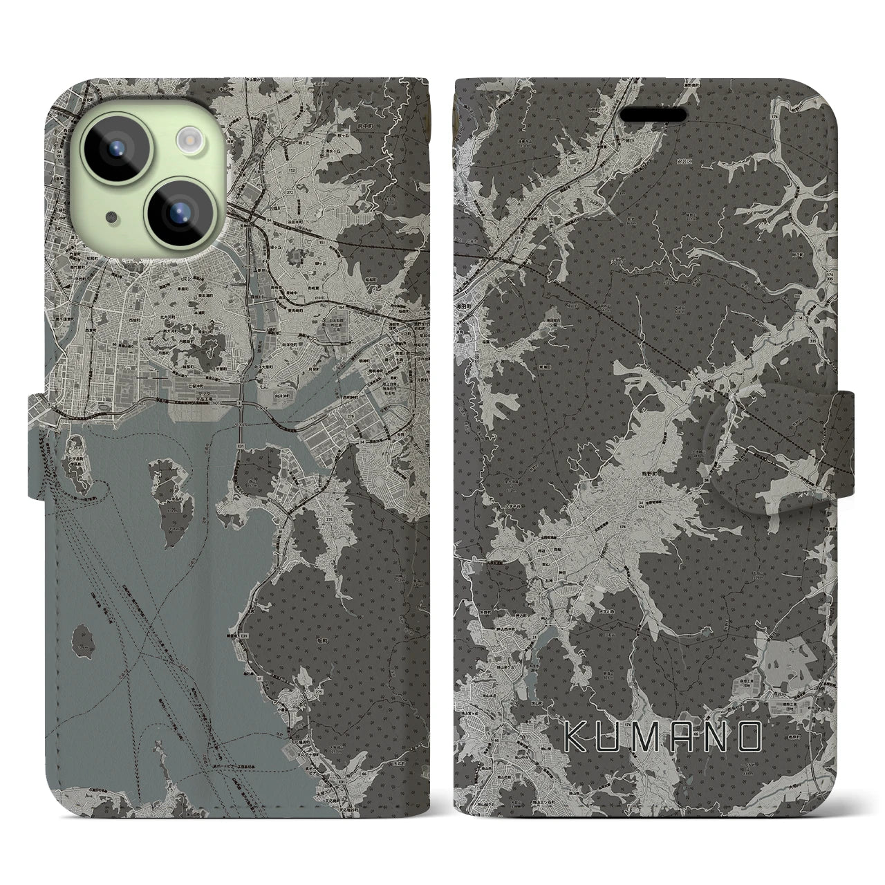 【熊野(広島県)】地図柄iPhoneケース(手帳タイプ)モノトーン・iPhone 15 用