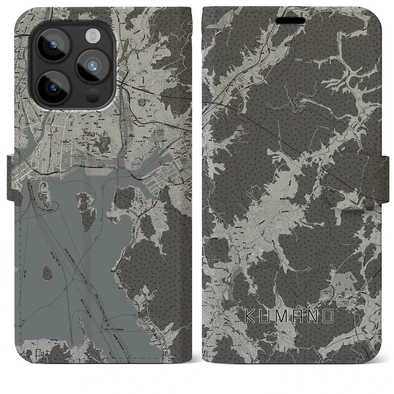 【熊野(広島県)】地図柄iPhoneケース(手帳タイプ)モノトーン・iPhone 15 Pro Max 用