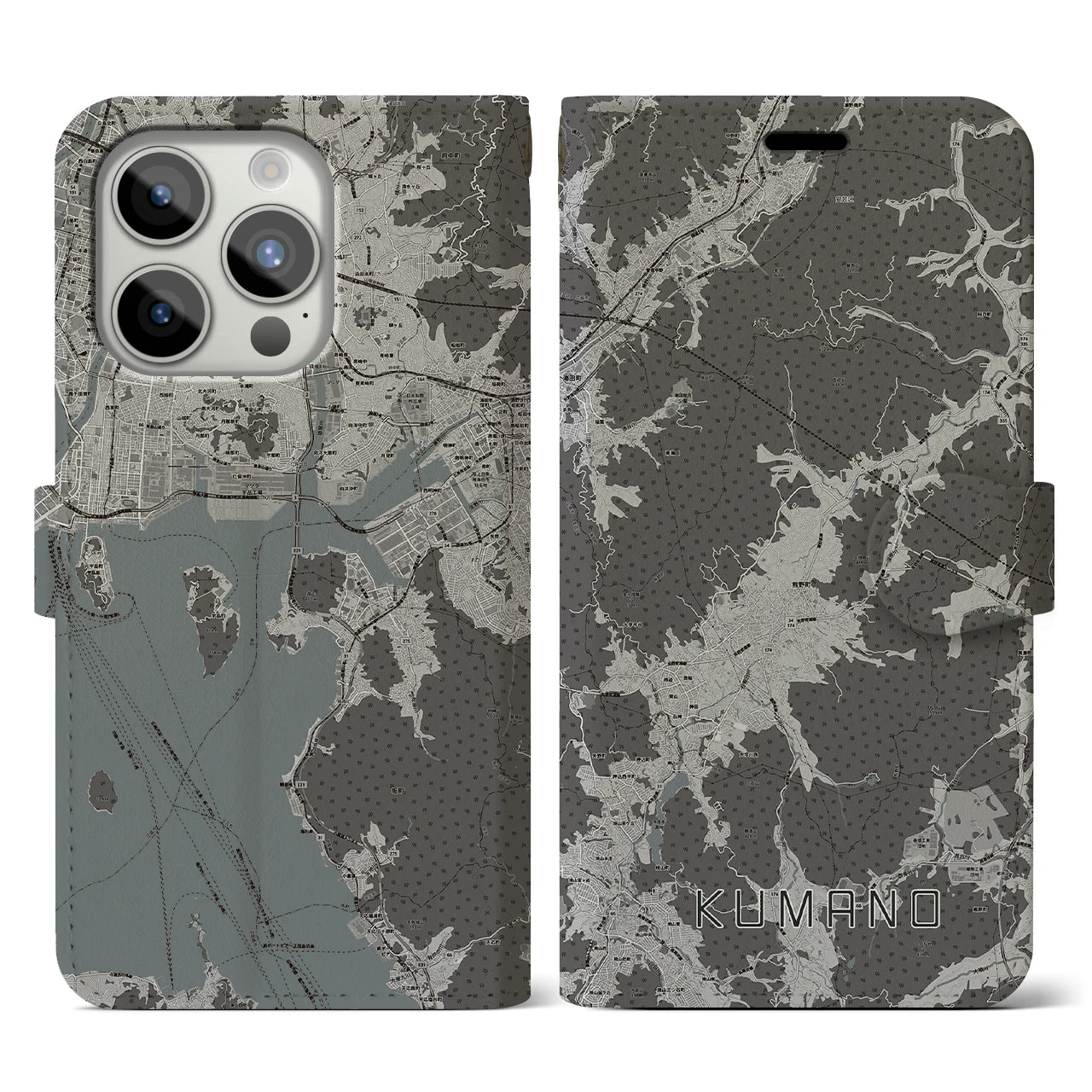 【熊野(広島県)】地図柄iPhoneケース(手帳タイプ)モノトーン・iPhone 15 Pro 用