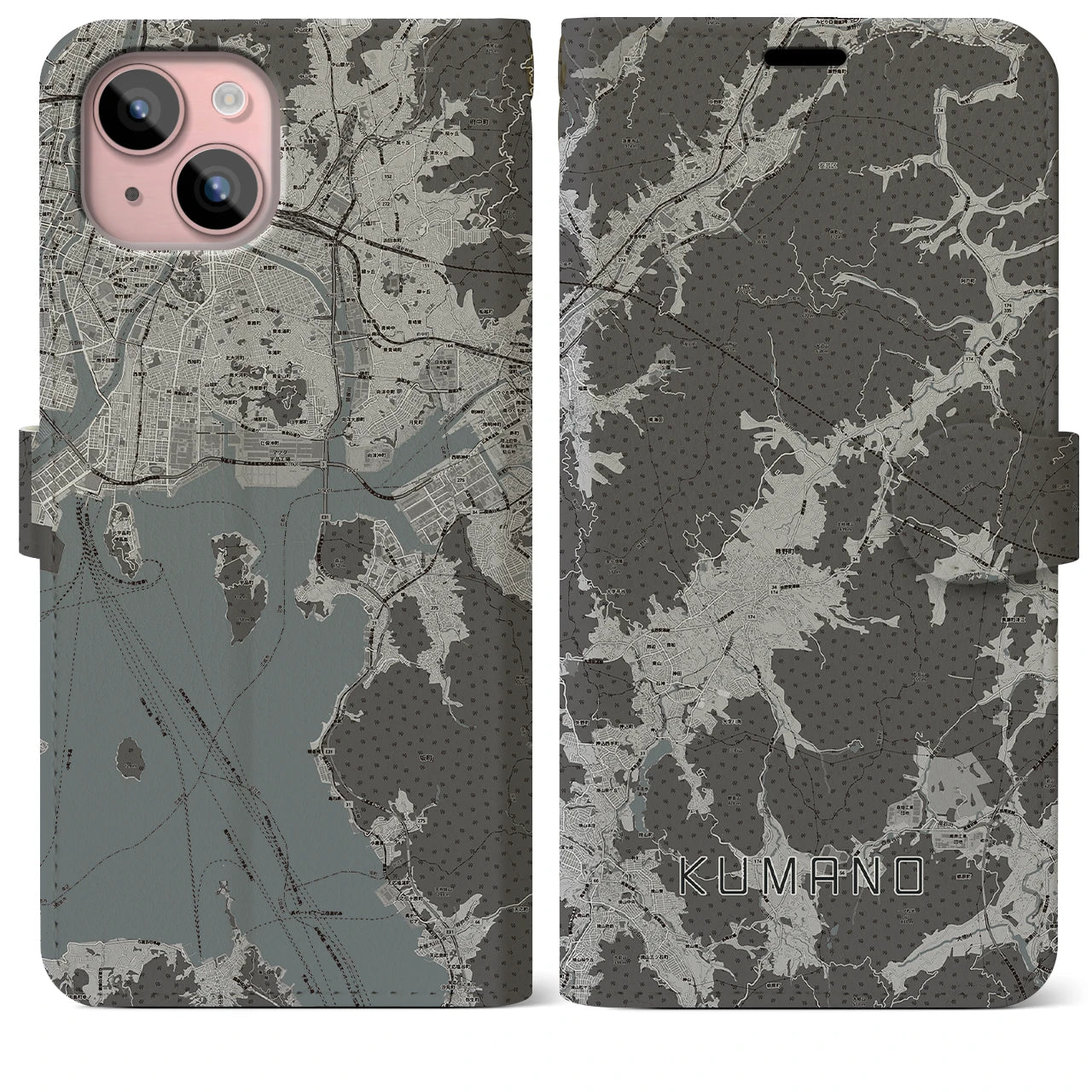 【熊野(広島県)】地図柄iPhoneケース(手帳タイプ)モノトーン・iPhone 15 Plus 用