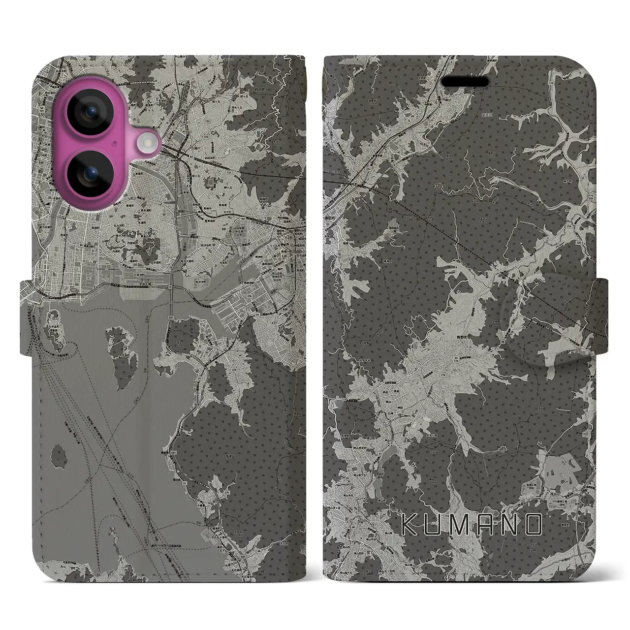 【熊野(広島県)】地図柄iPhoneケース(手帳タイプ)モノトーン・iPhone 16 Pro 用