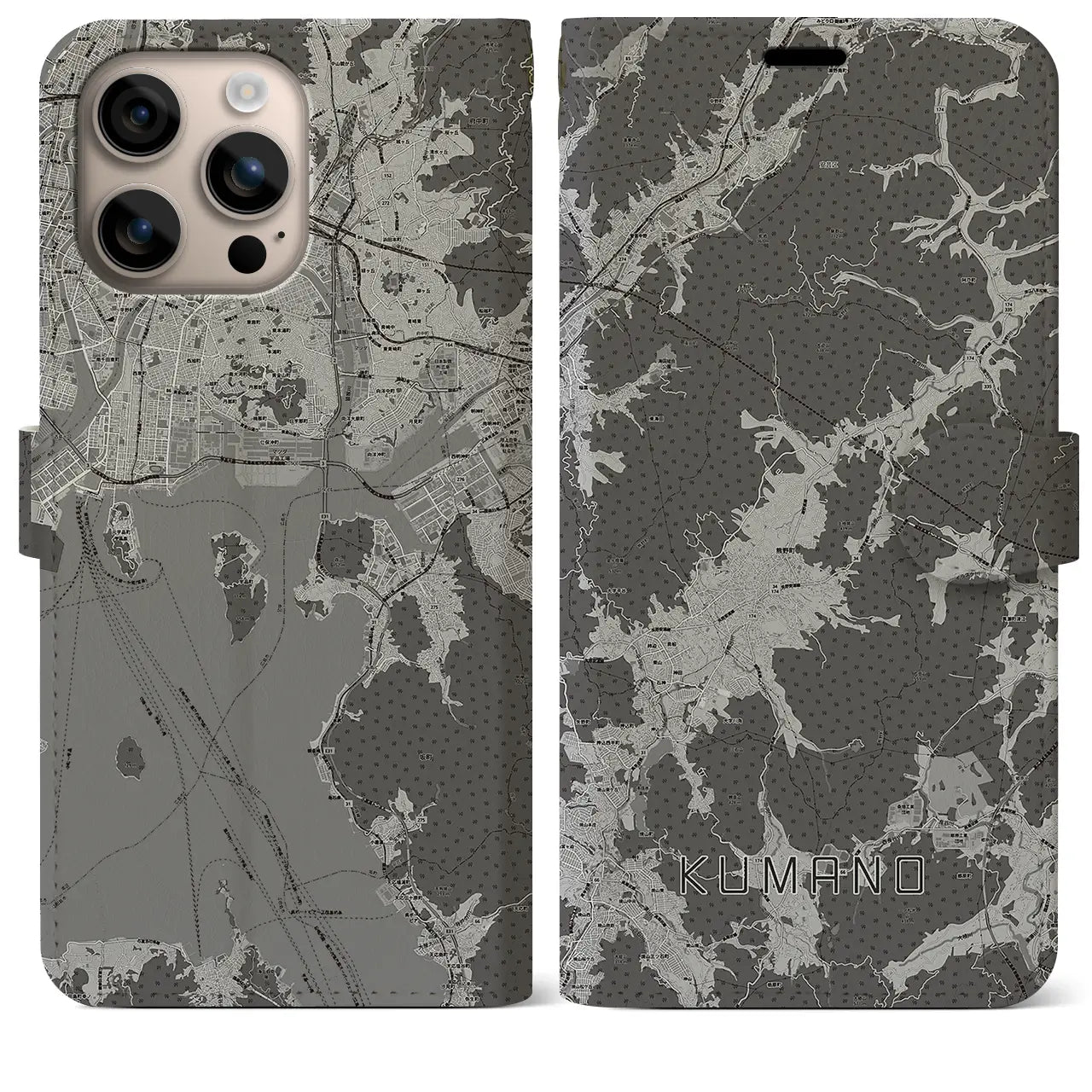 【熊野(広島県)】地図柄iPhoneケース(手帳タイプ)モノトーン・iPhone 16 Plus 用