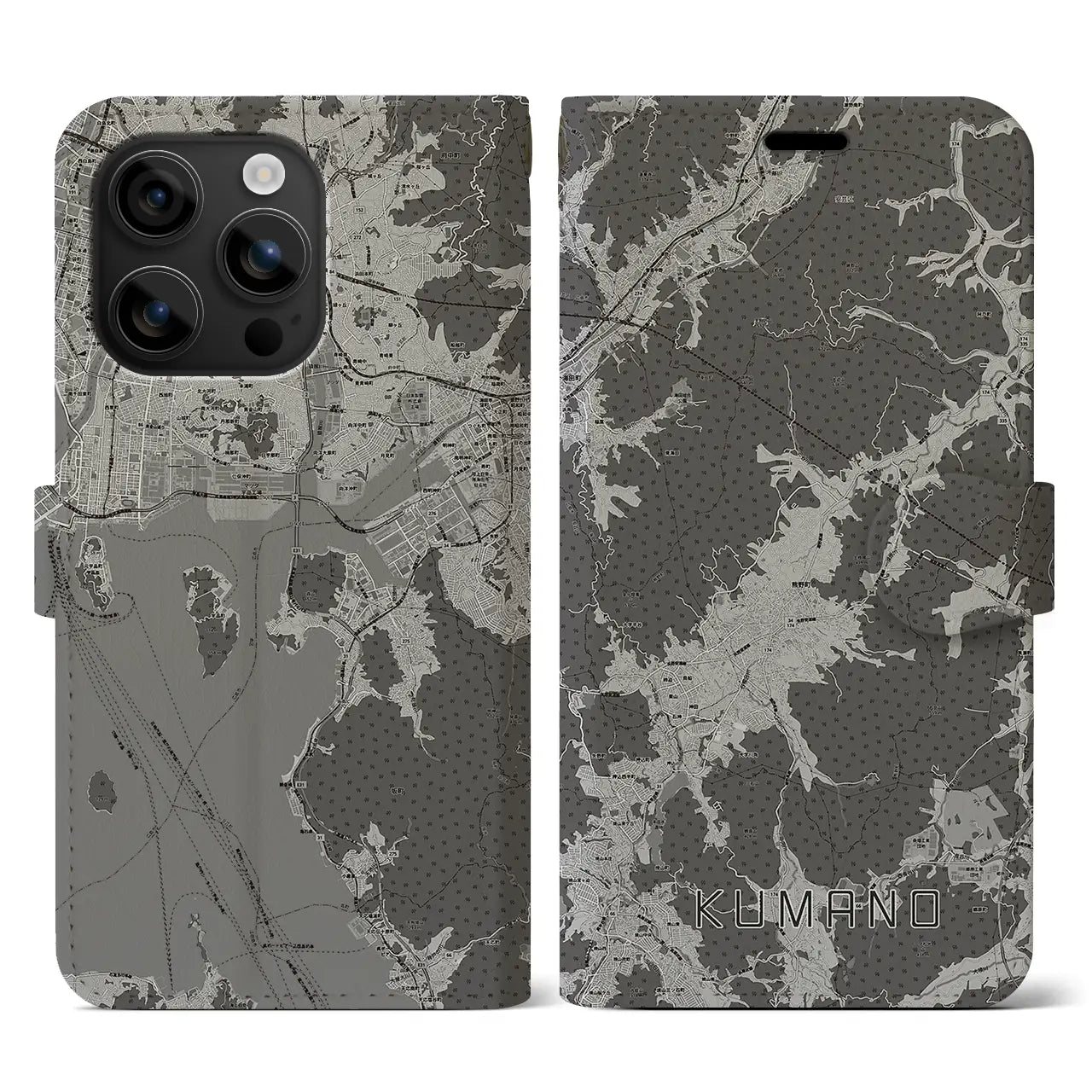 【熊野(広島県)】地図柄iPhoneケース(手帳タイプ)モノトーン・iPhone 16 用