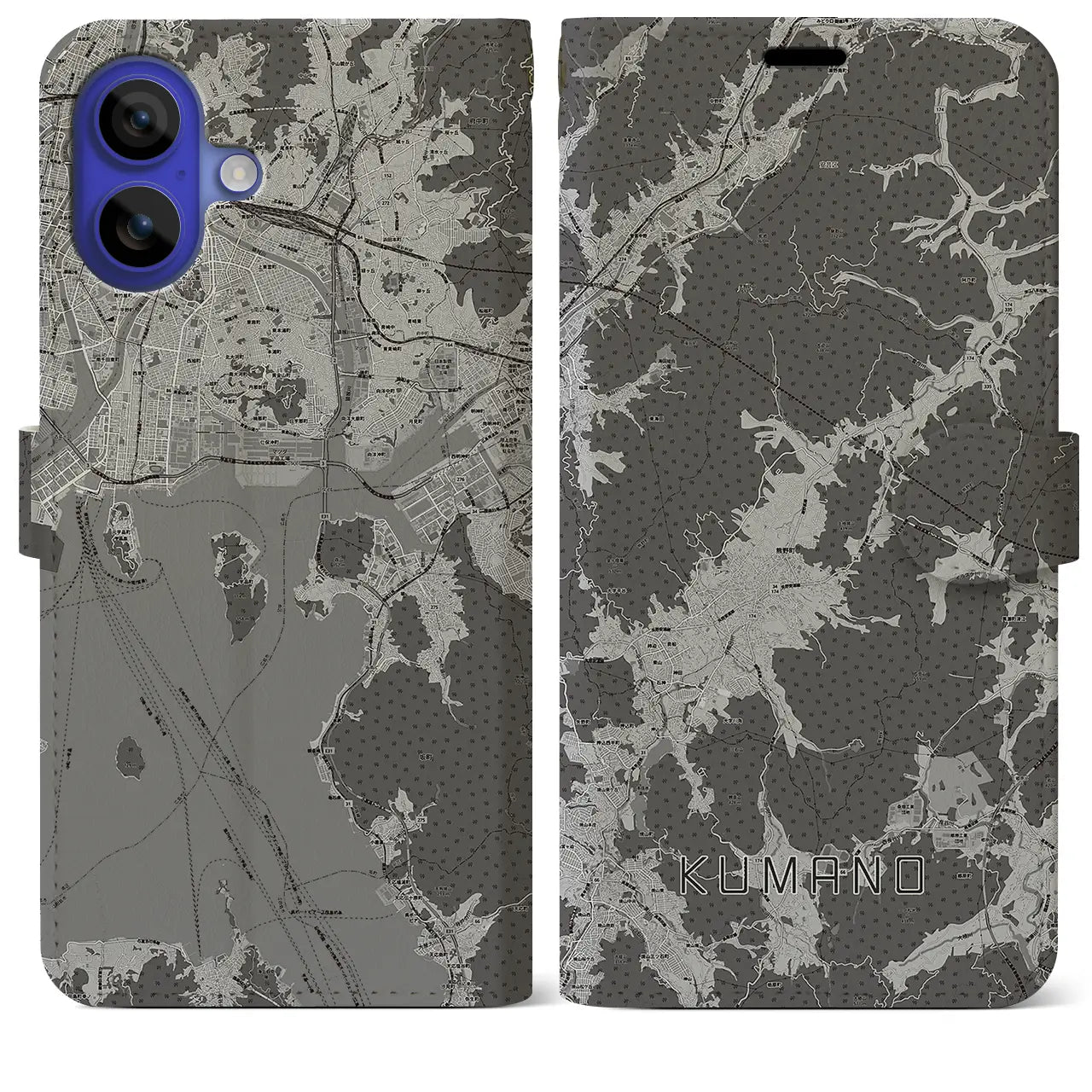 【熊野(広島県)】地図柄iPhoneケース(手帳タイプ)モノトーン・iPhone 16 Pro Max 用