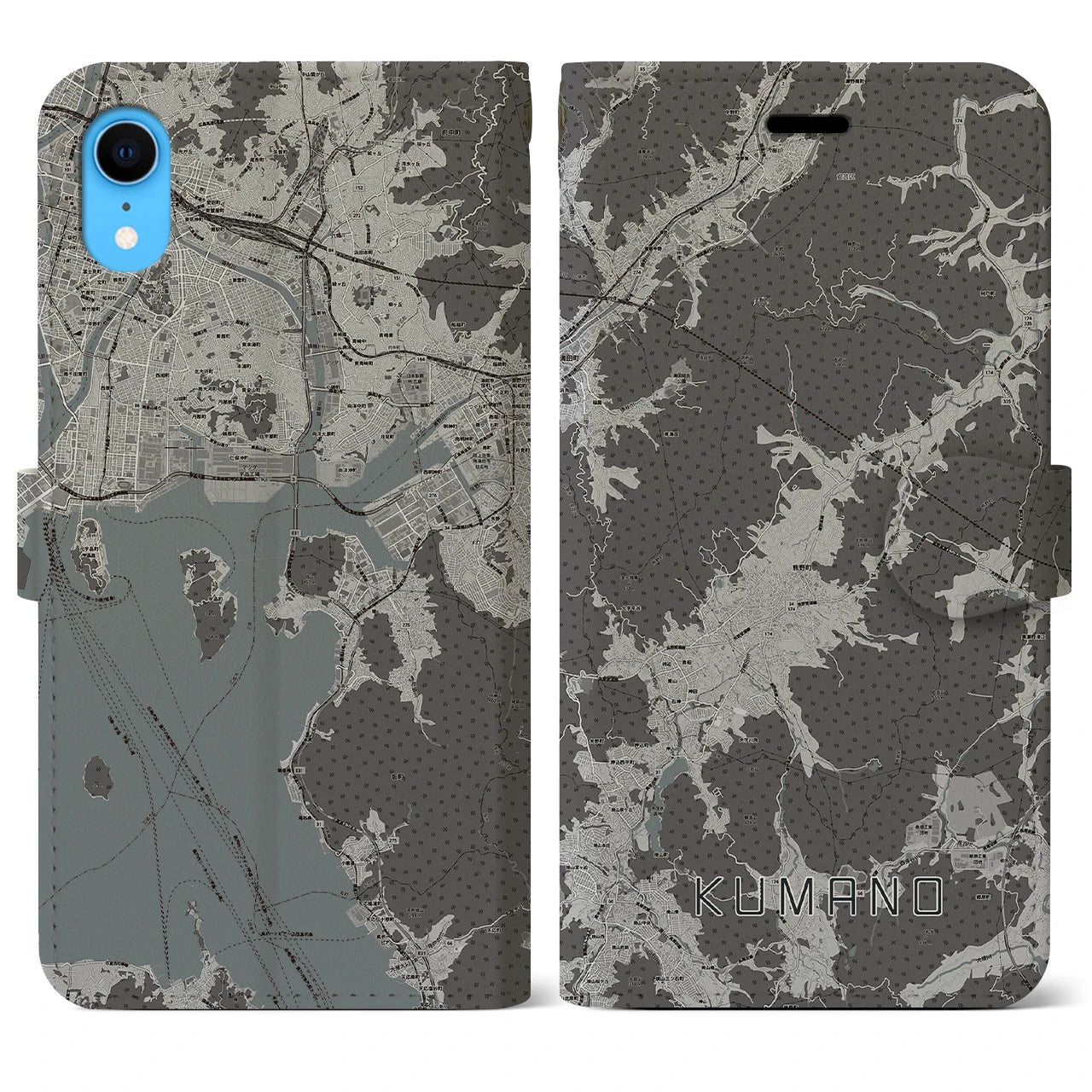 【熊野(広島県)】地図柄iPhoneケース(手帳タイプ)モノトーン・iPhone XR 用